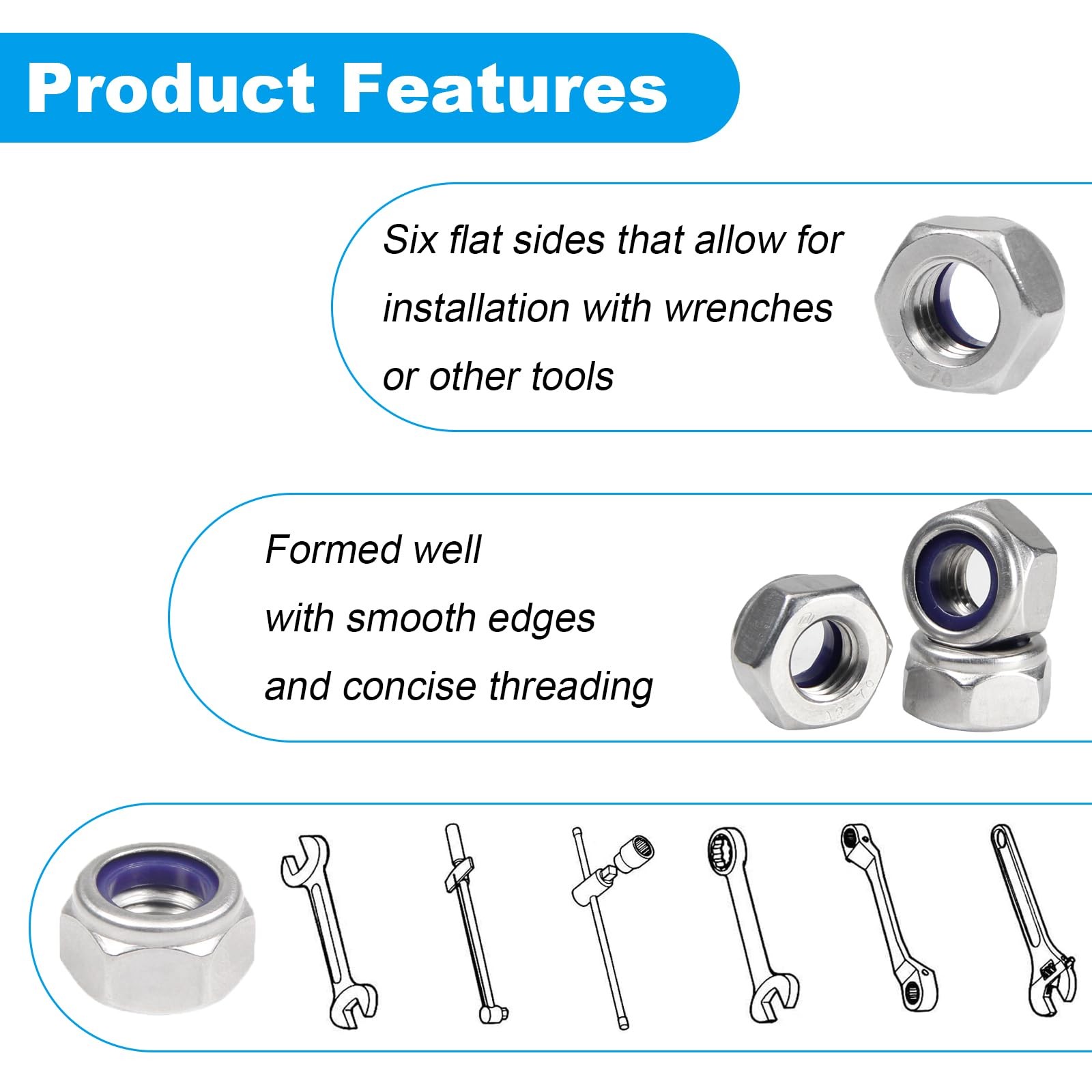 100PCS M5 Locknuts M5x0.8mm Nylon Insert Hex Lock Nuts 304 Stainless Steel Me…