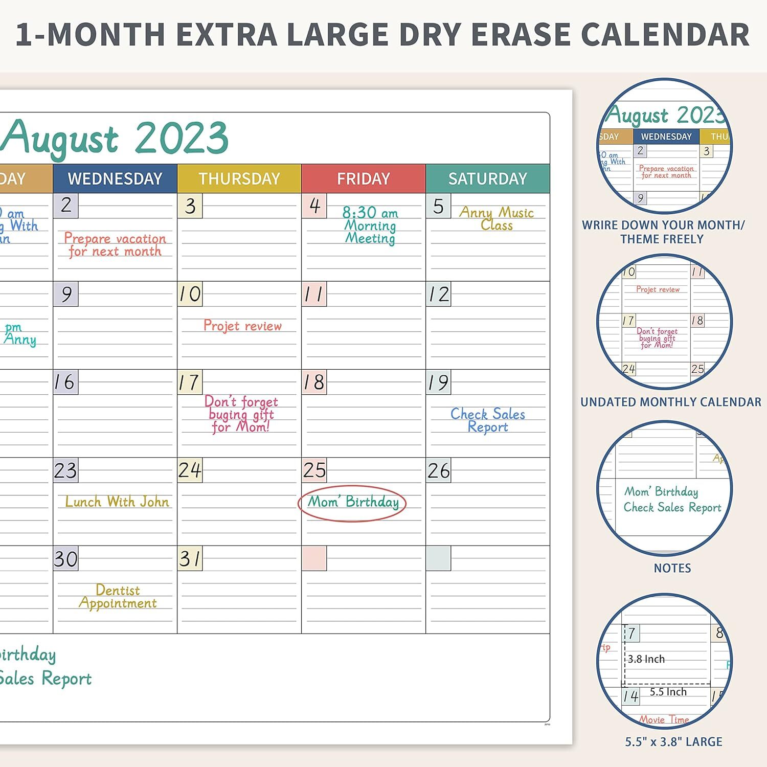 Large Dry Erase Calendar for Wall – Undated Dry Erase Calendar, Erasable Laminat