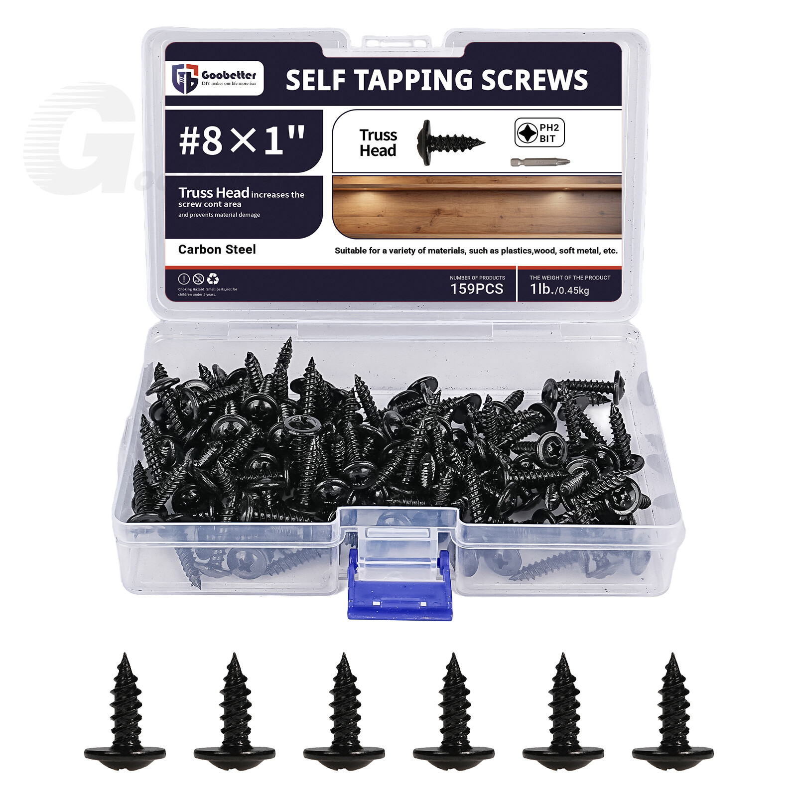 159pcs #8×1″ Phillips Wafer Truss Head Self Tapping Wood Screws Black Phosphate