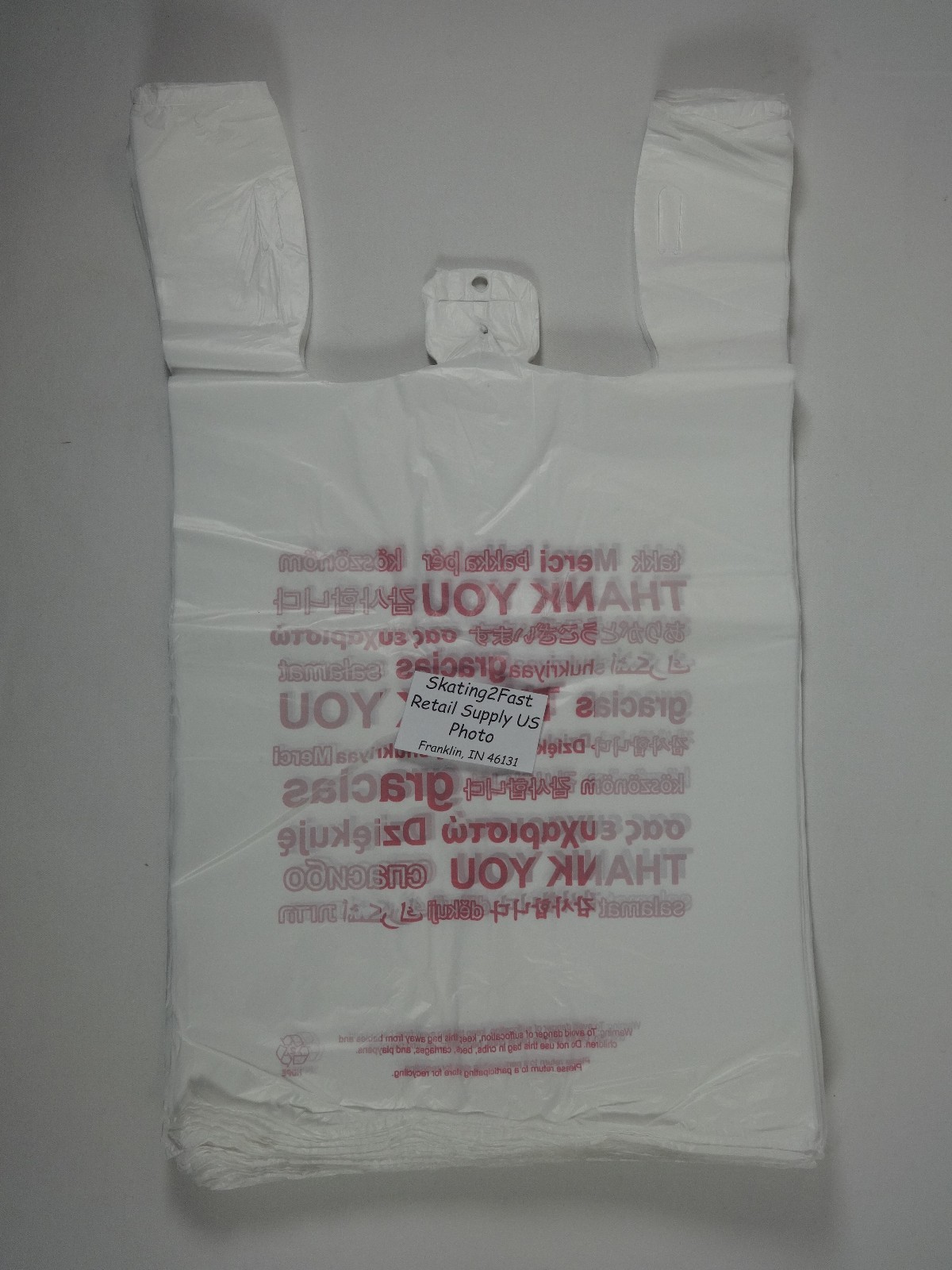 Qty. 100 Multi Language THANK YOU T-Shirt Bags 11.5″ x 6″ x 20.5″ Bags Only