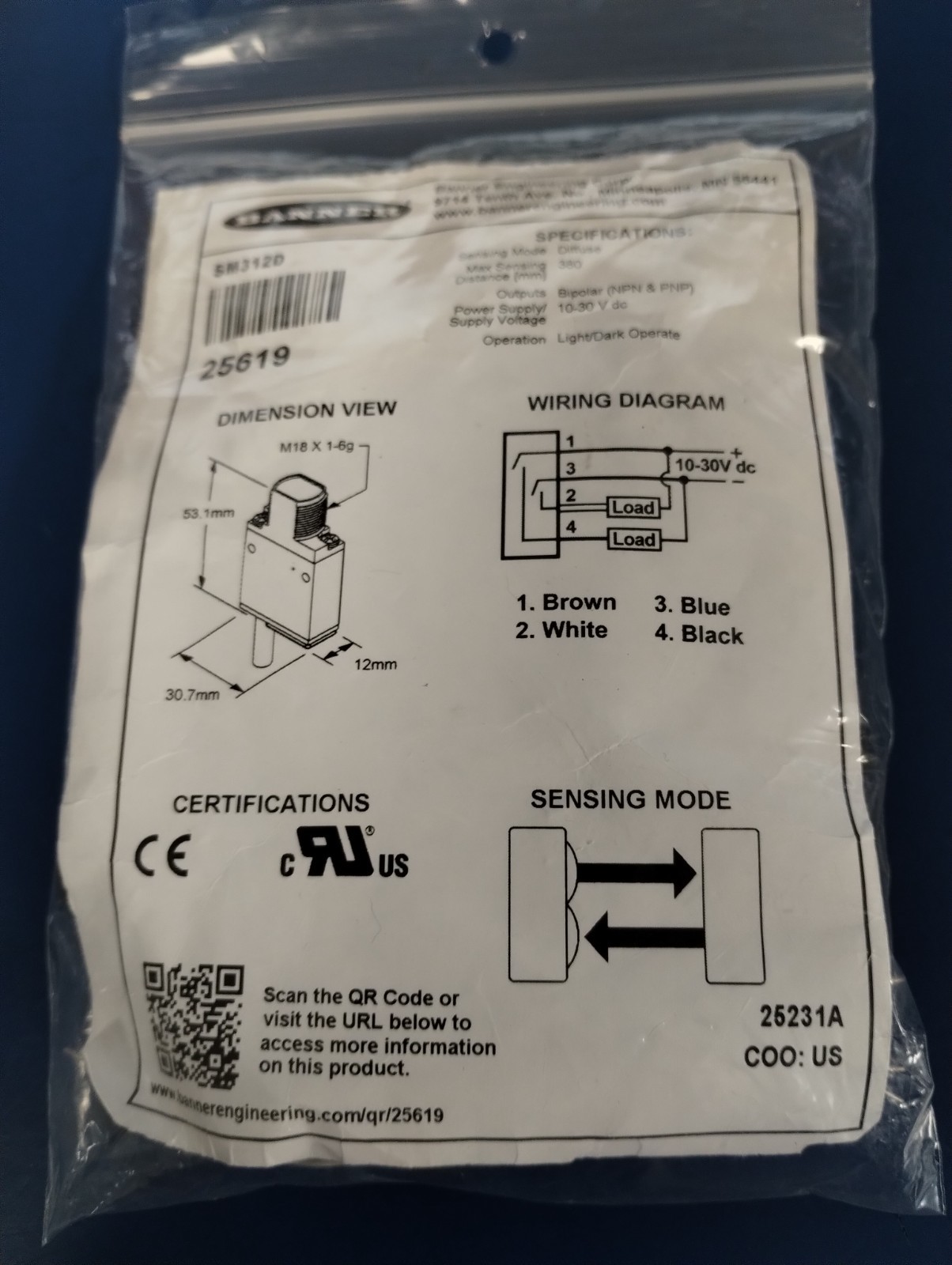 BANNER ENGINEERING SM312D Photoelectric Sensor, Diffuse, 380mm, 10-30VDC