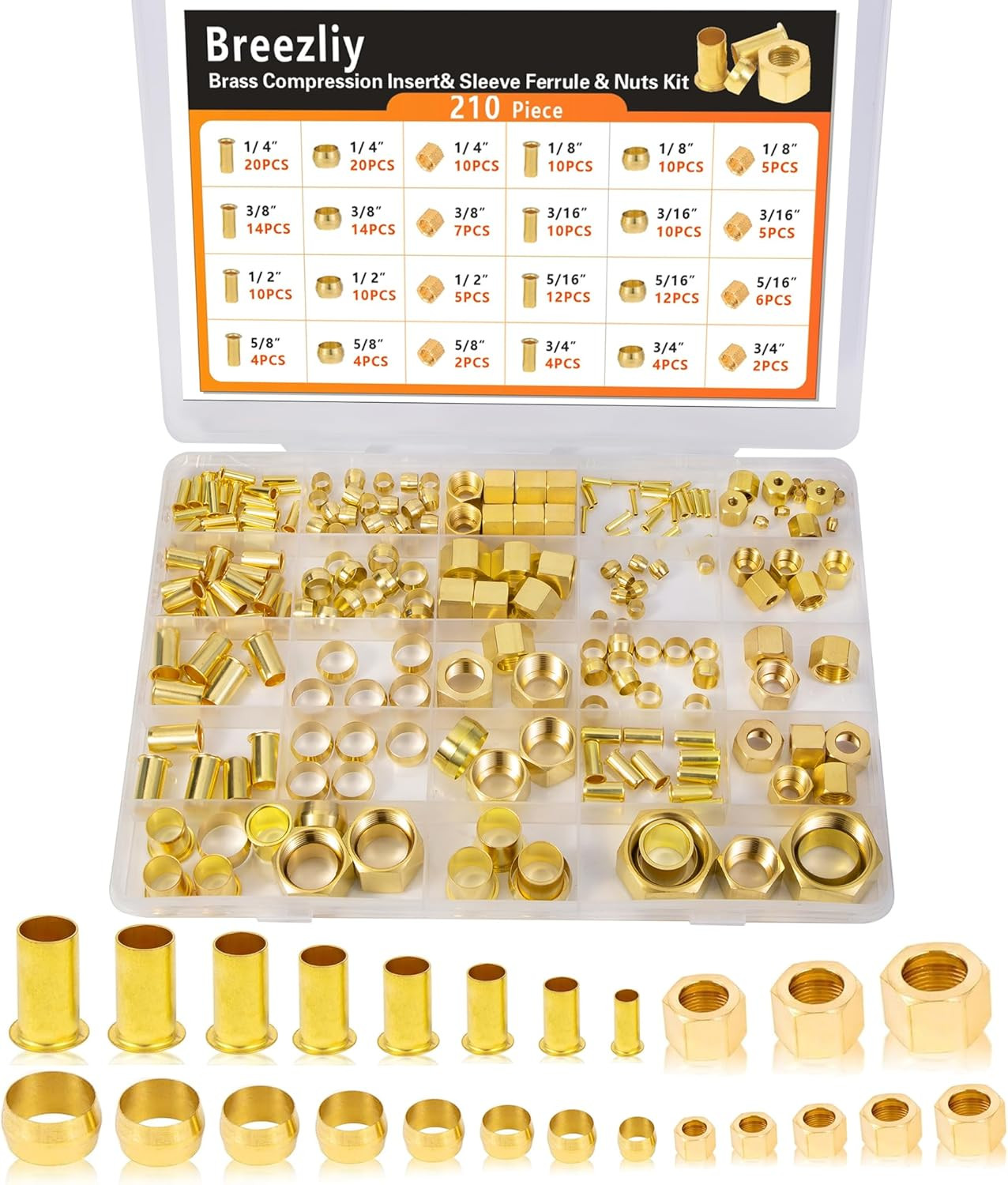 280PCS Compression Fittings Assortment Kit – 8 Sizes Brass Compression Sleeve Fe