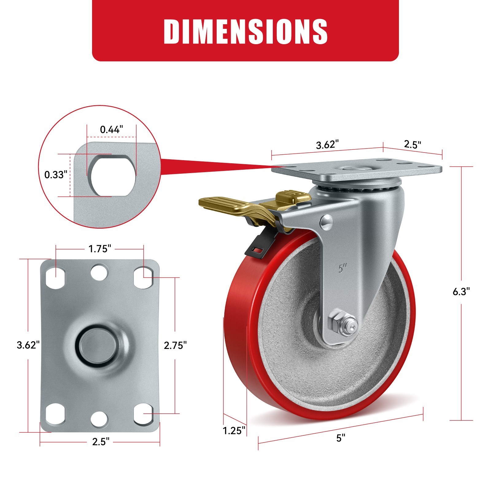 5″ Heavy Duty Casters , Polyurethane on Cast Iron Casters ,2200 lbs Capacity