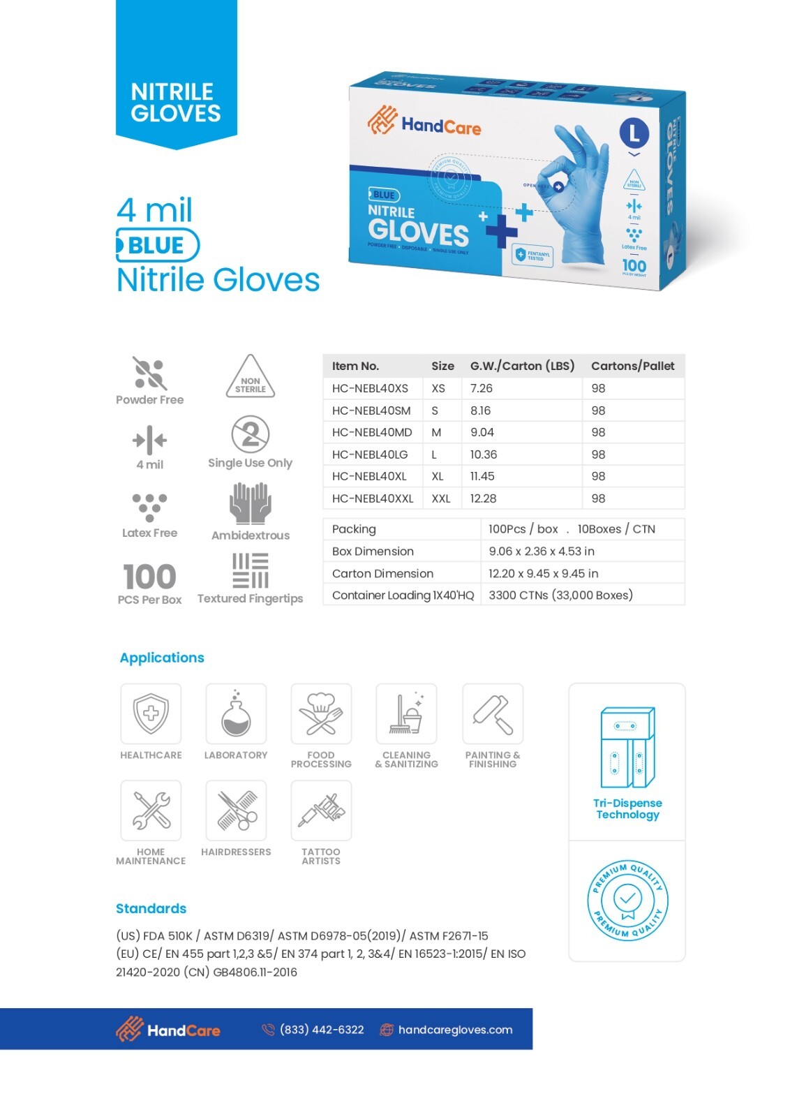 HandCare Blue Nitrile Gloves – Exam Grade, Powder Free (4 Mil), 100 Gloves 1 Box