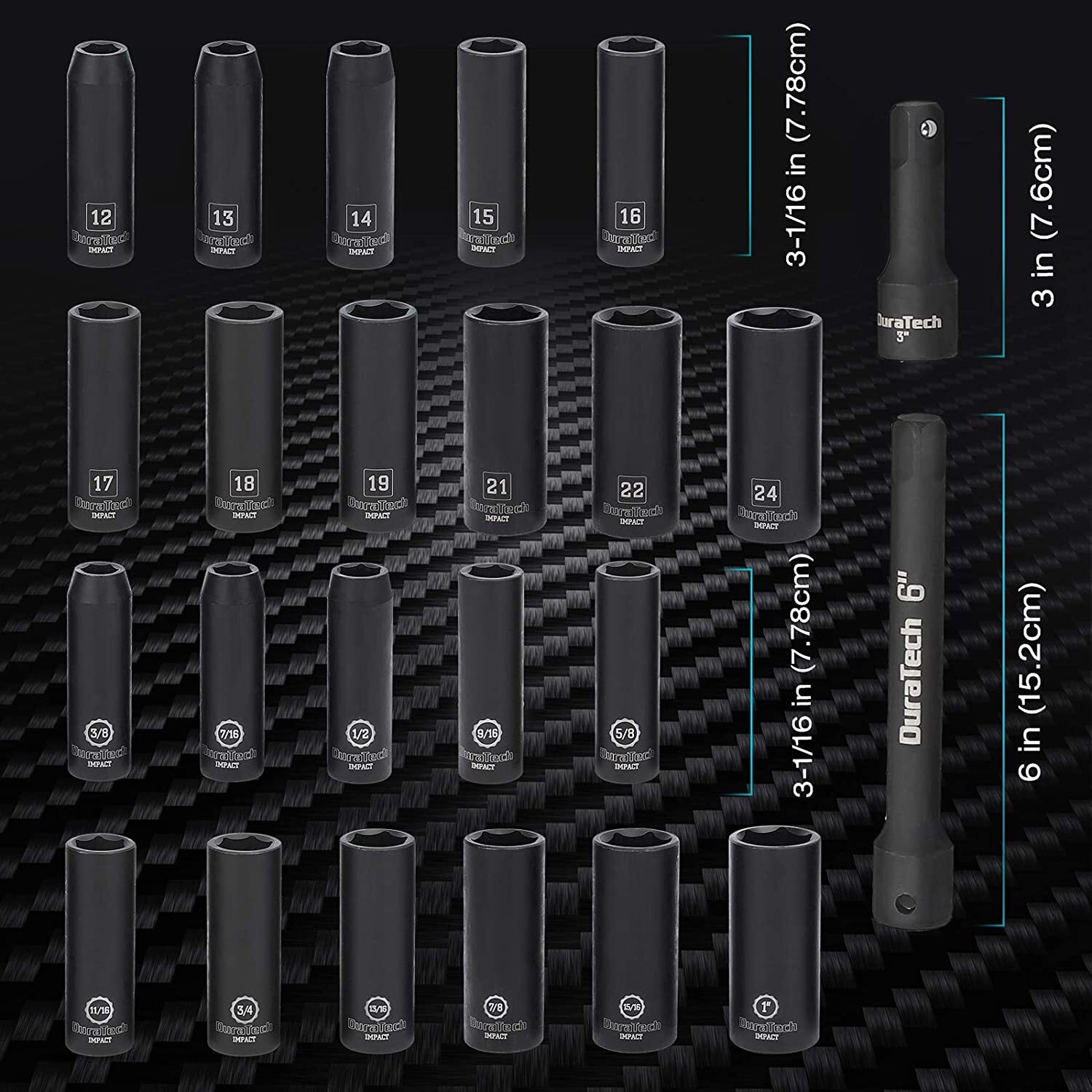 DURATECH 24PC Impact Socket Set 1/2″ Dr Deep Impact Socket Set Metric SAE w/Case