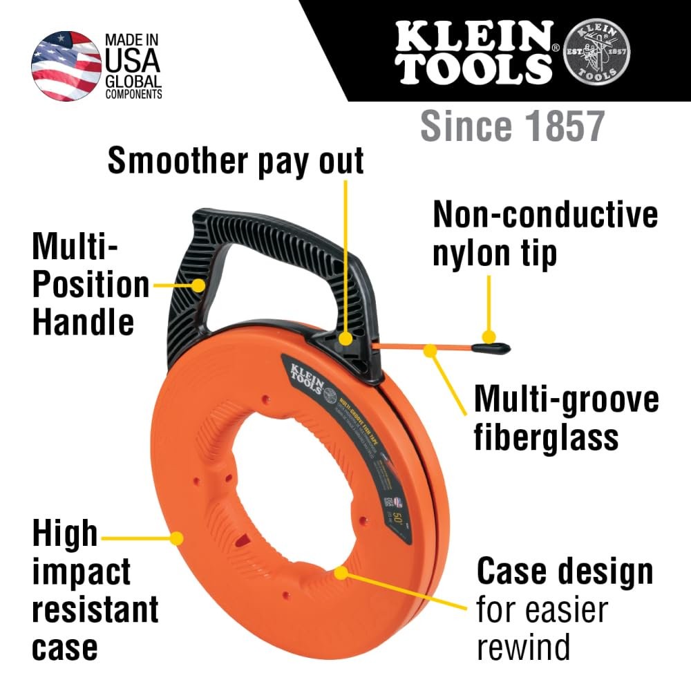 Klein Tools 56383 Non-Conductive Electrical Fish Tape Fiberglass 100-Foot