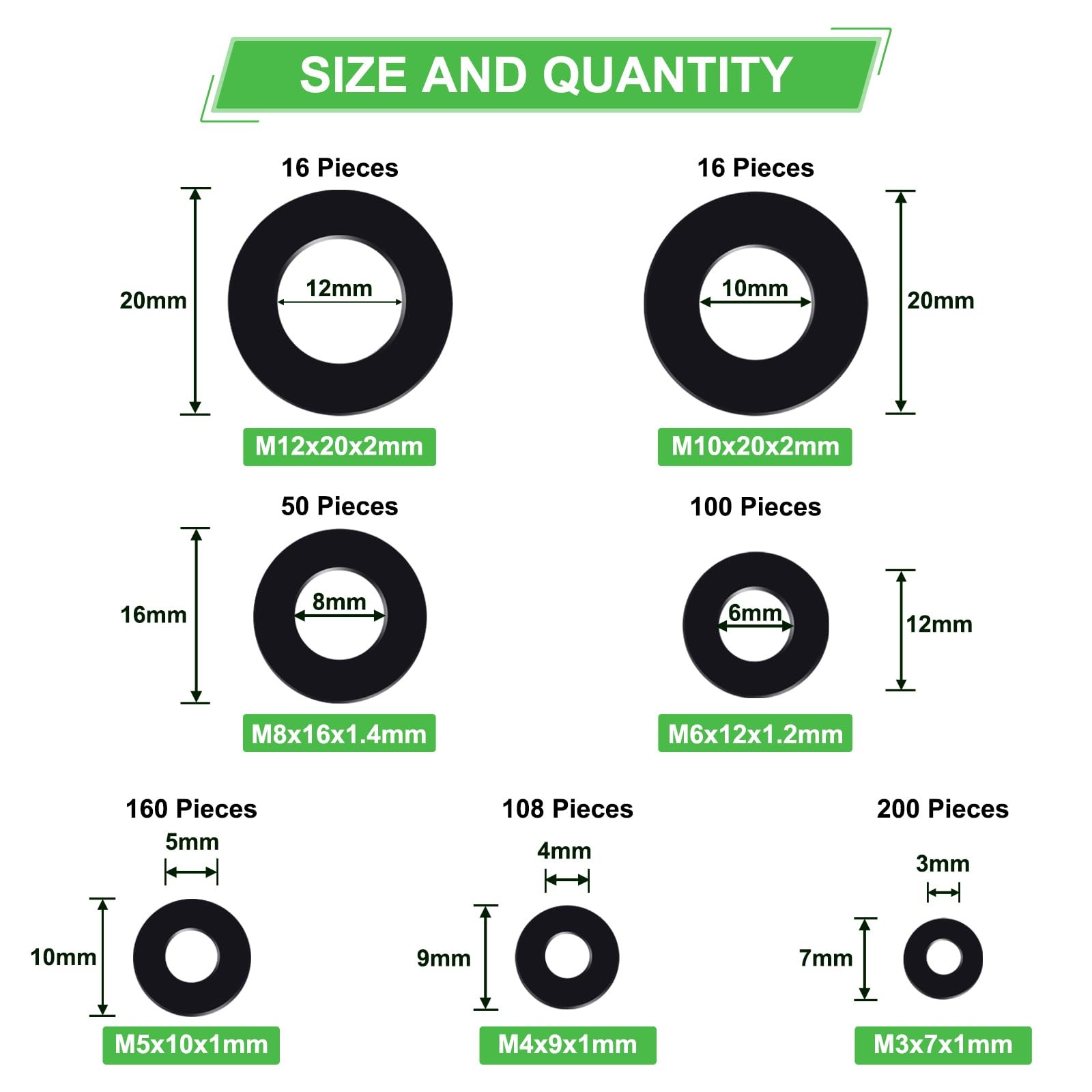 650-Pieces Nylon Flat Washer M3, M4, M5, M6, M8, M10, M12 millimeters, Black
