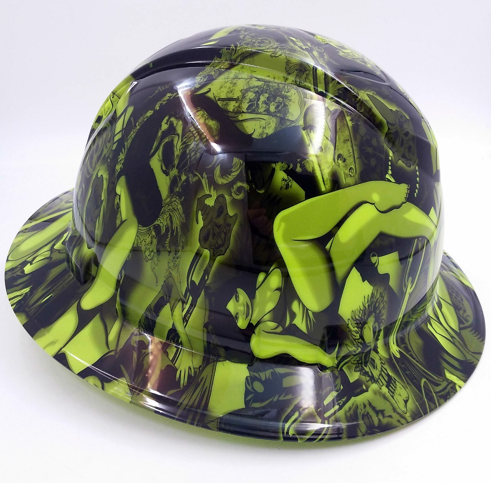 Hard Hat FULL BRIM custom hydro dipped , OSHA approved LIME BIKER BABES