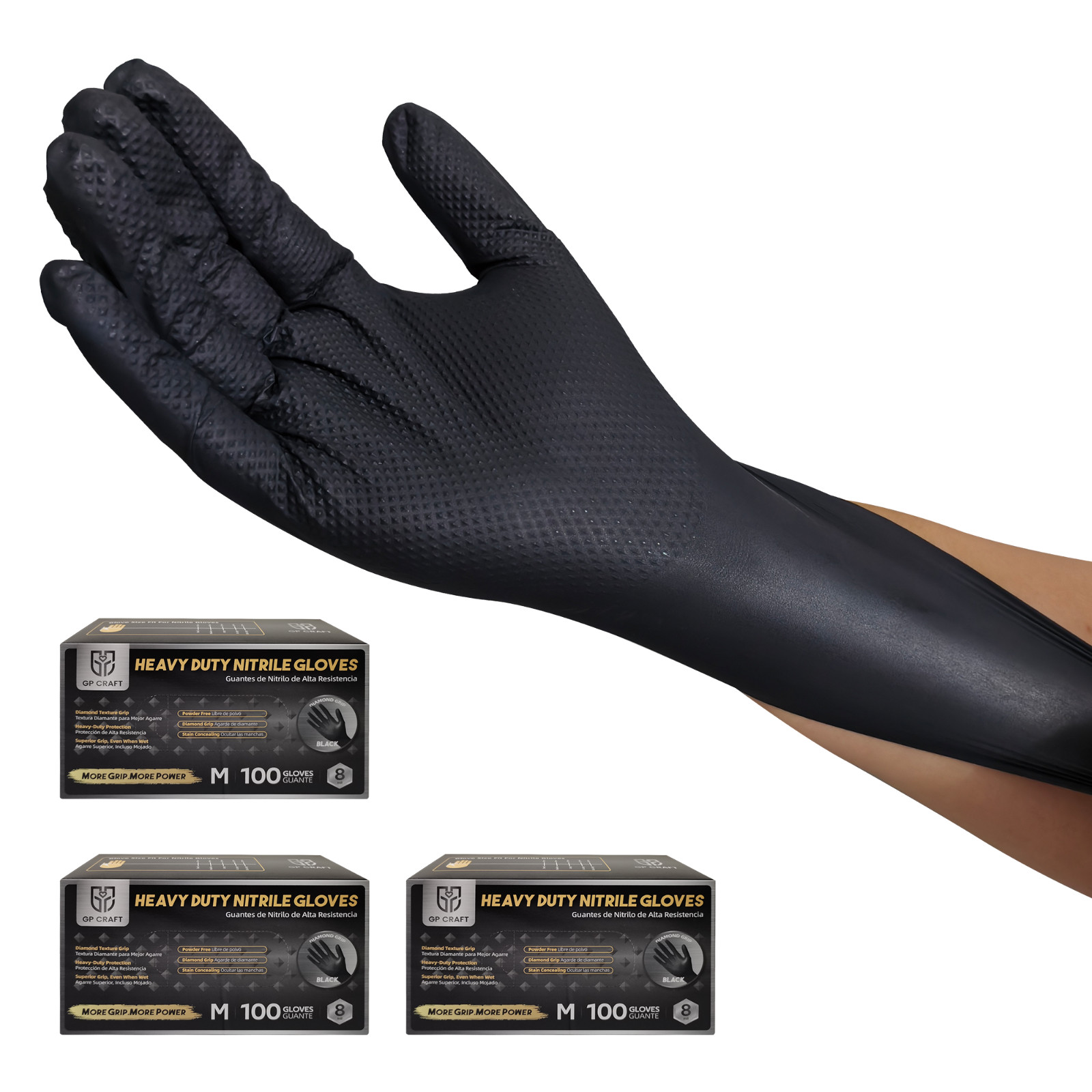 300 PCS Black Heavy Duty 8Mil Nitrile Gloves, Diamond Grip, Latex & Powder Free