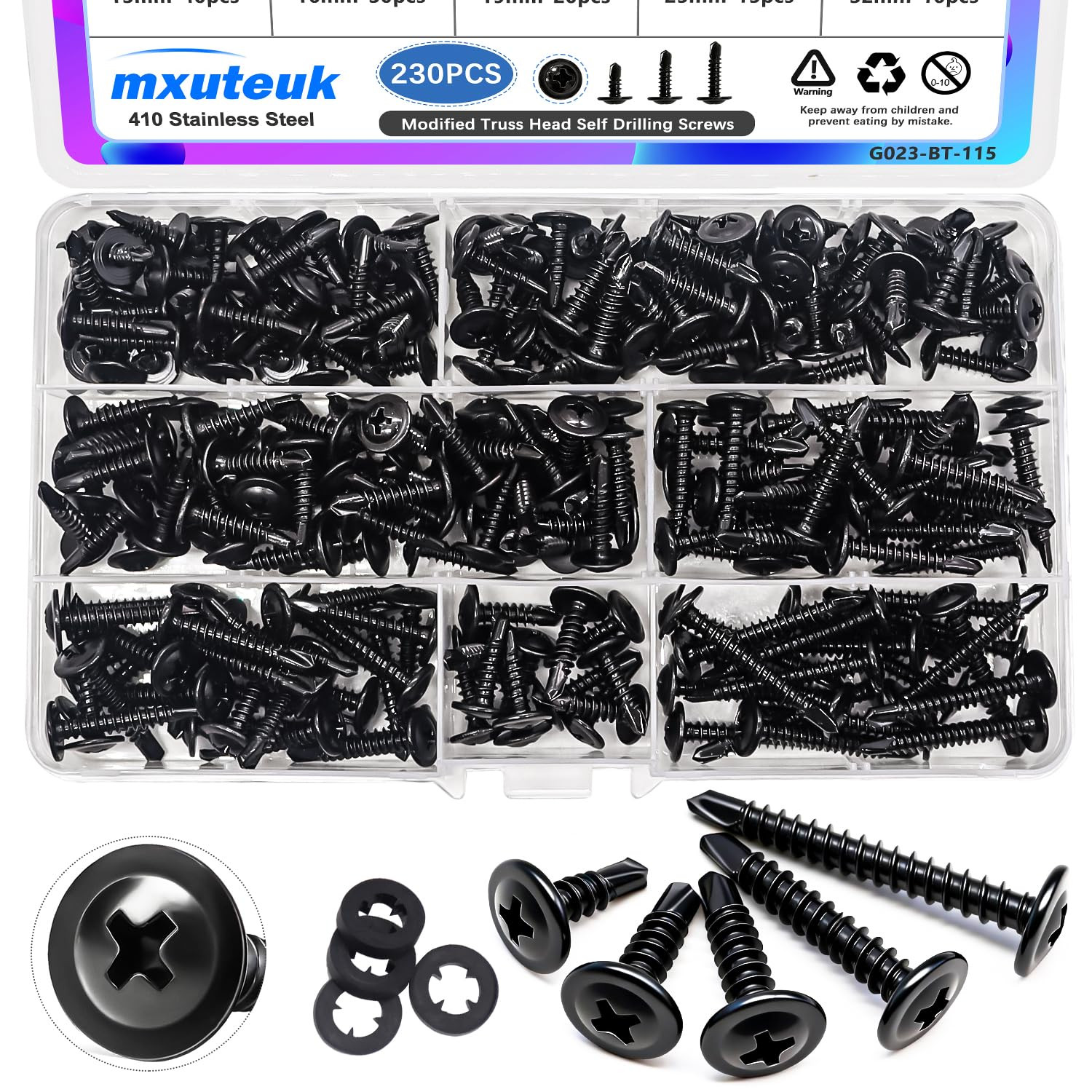 230PCS #8 Self Tapping Screws,410 Stainless Steel Self Tapping Screws for Metal,