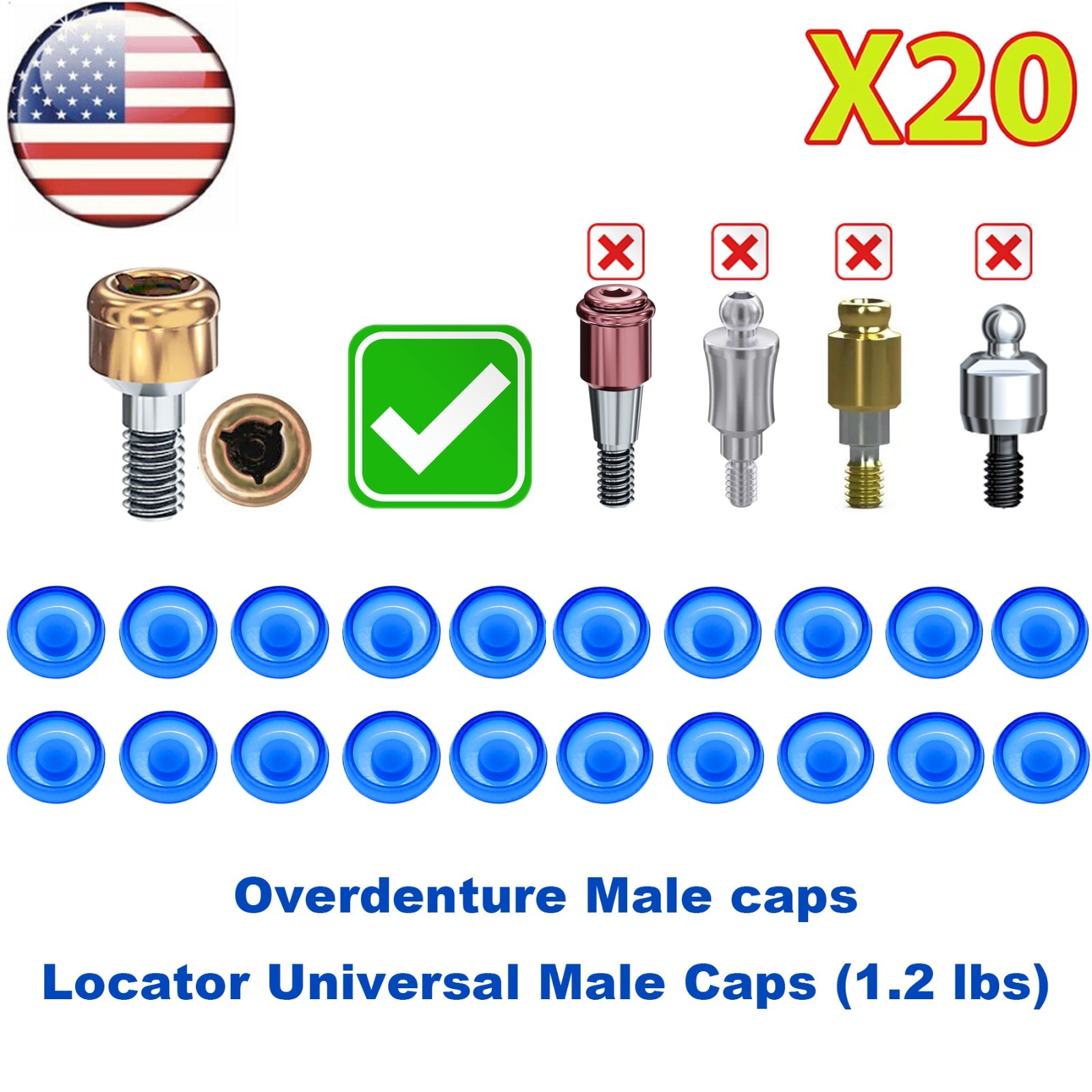 US 20Pcs Dental Overdenture Locator Retention Cap Inserts For Implant Abutment