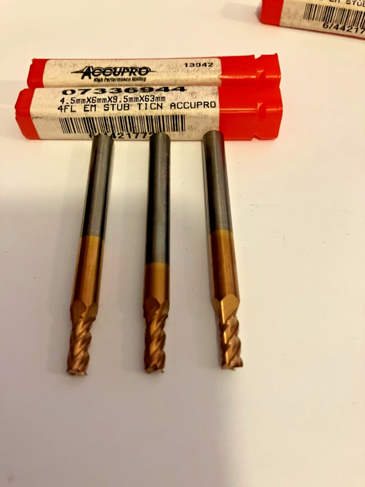 New Carbide Accupro End Mills. (4.5 MM Dia. x 9.5MM LOC x 63MM OAL) Lot of 3pcs