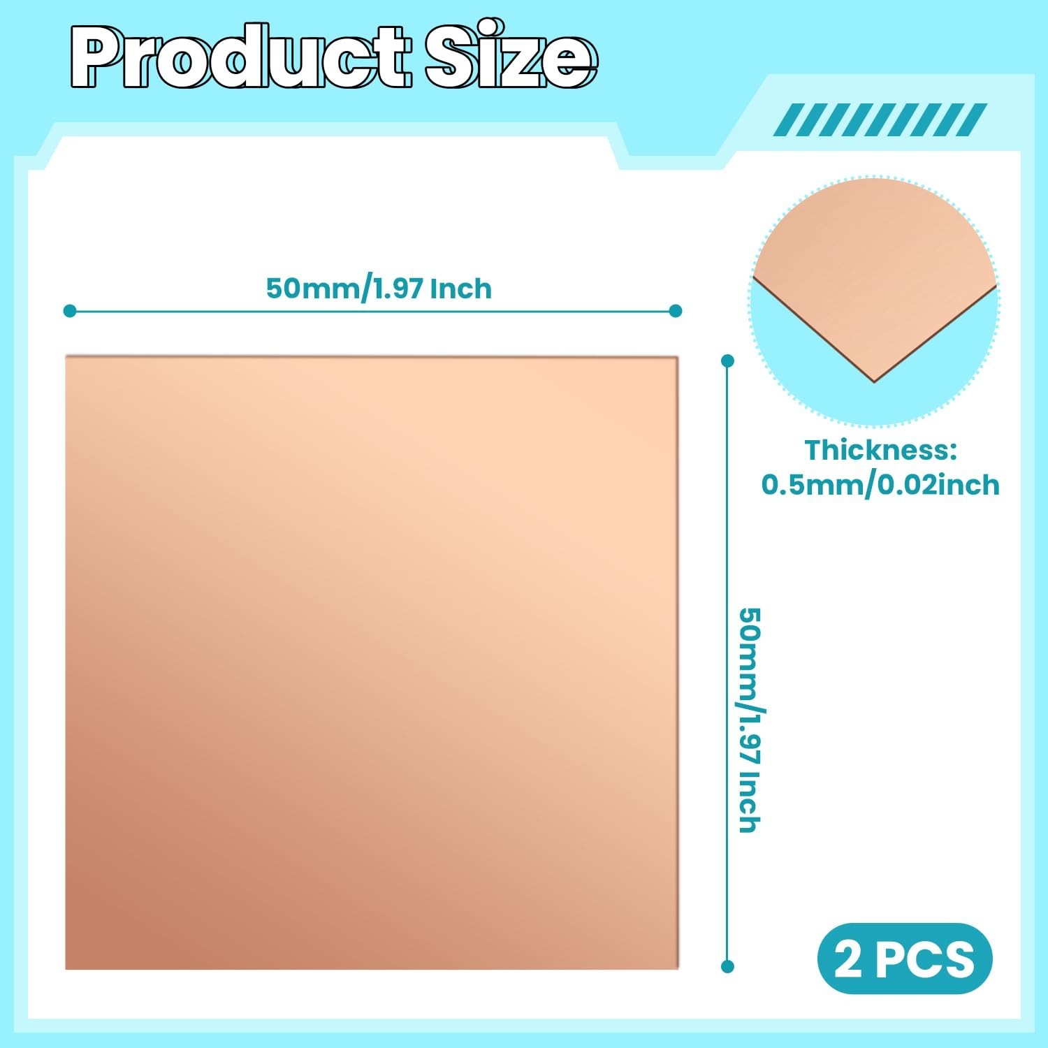 Copper Sheet, 2 Pieces of Copper Plates 2″×2″-24 Gauge(0.5mm) Thickness, 99