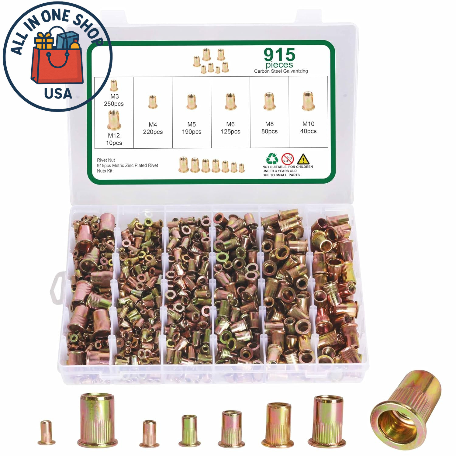 Metric Rivet Nut Assortment Kit M3 M4 M5 M6 M8 M10 M12 Carbon Steel 915 Pcs