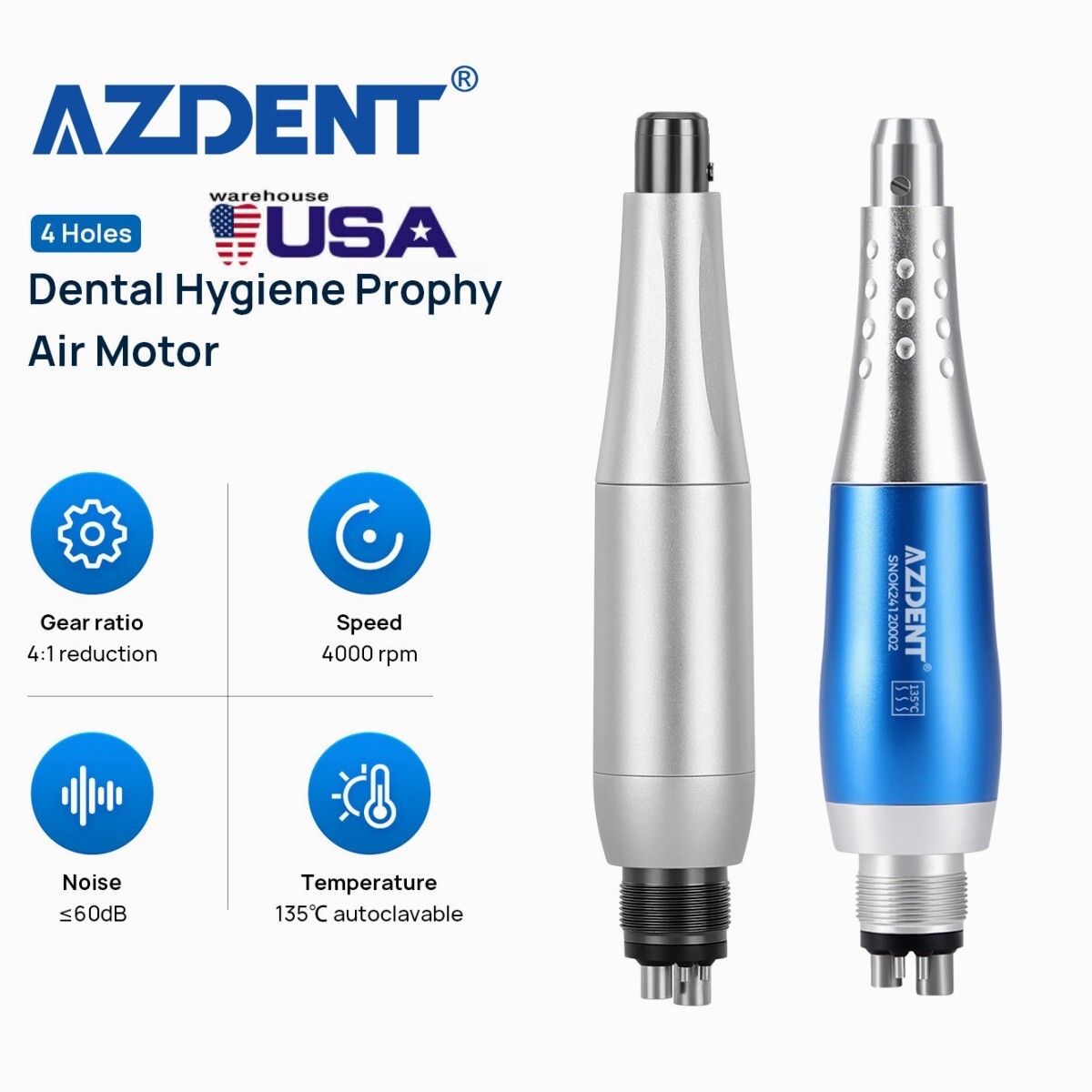 AZDENT 360° Dental 4:1 Nose Cone Hygiene Prophy Handpiece Air Motor 4 Holes