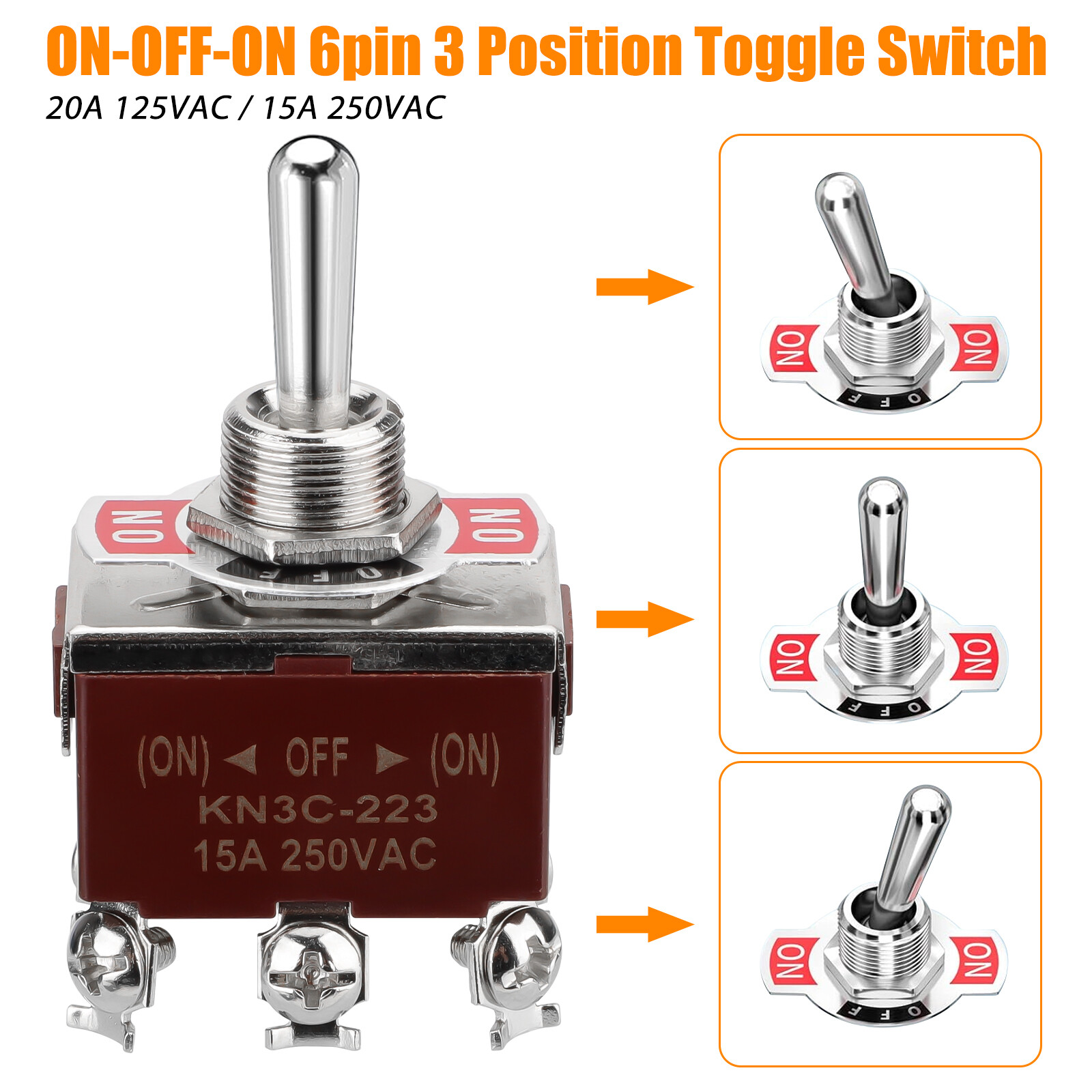 3X Toggle Switch ON/OFF/ON Heavy Duty 15A 250V DPDT Terminal Car Waterproof Cap