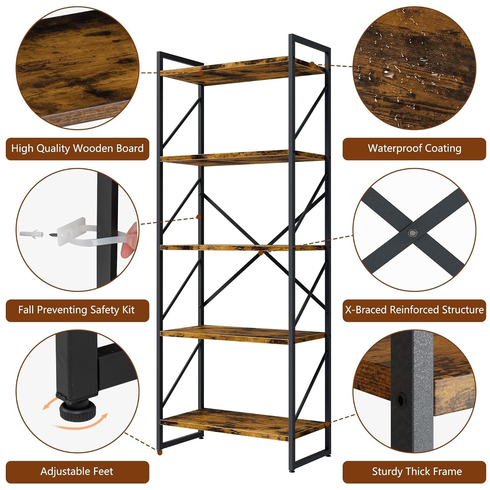 Shintenchi 5 Tier Bookshelf – Modern Industrial Bookcase for Home & Office