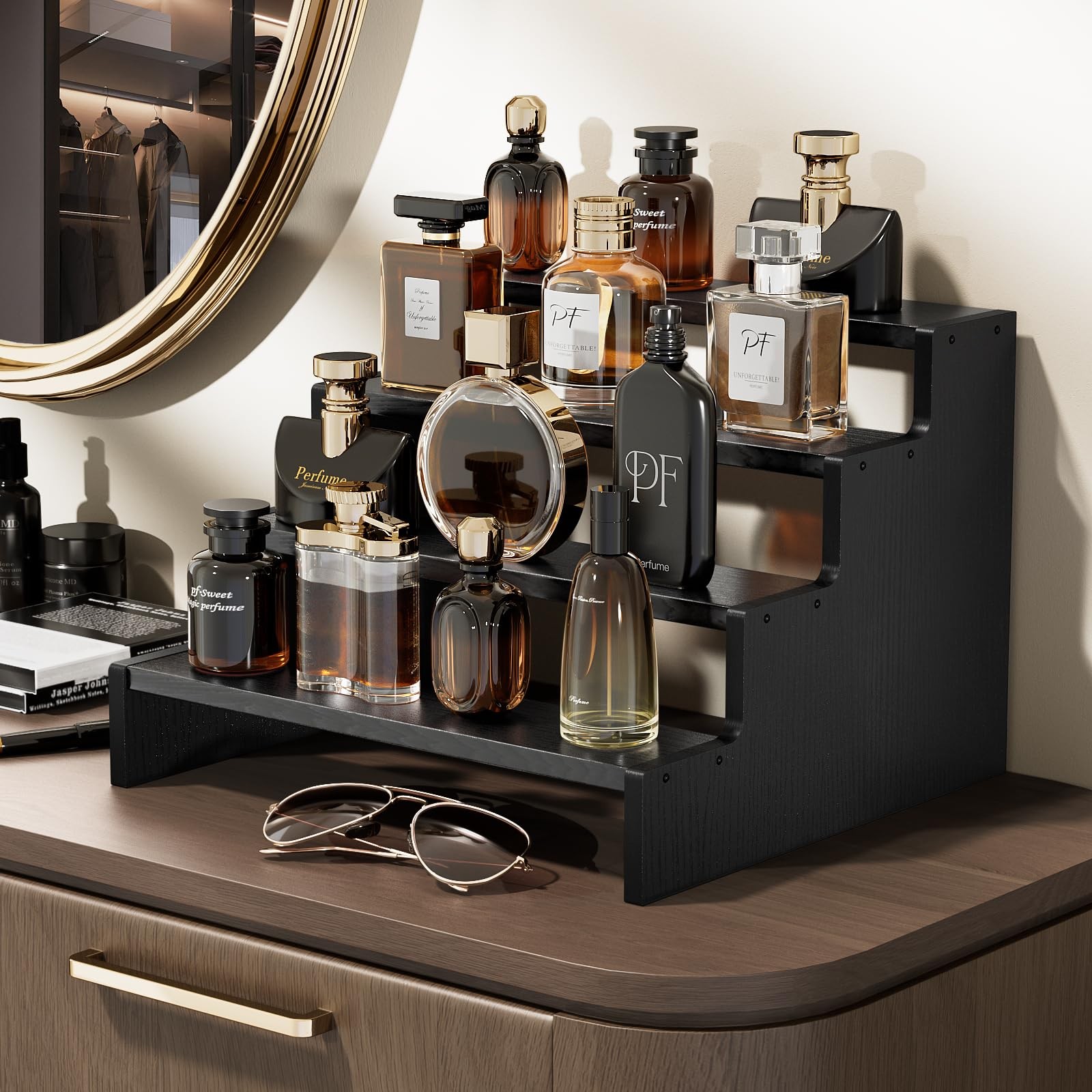 ProCase Wooden Cologne Organizer for Men, 4 Tier 4-Tier (9.45″ Height), Black