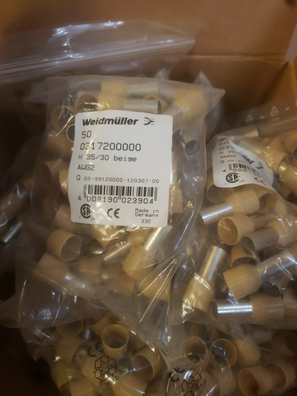 Lot of 50 WEIDMULLER 2AWG INSULATED FERRULE H 35.0/30 INS BEIGE 0317200000