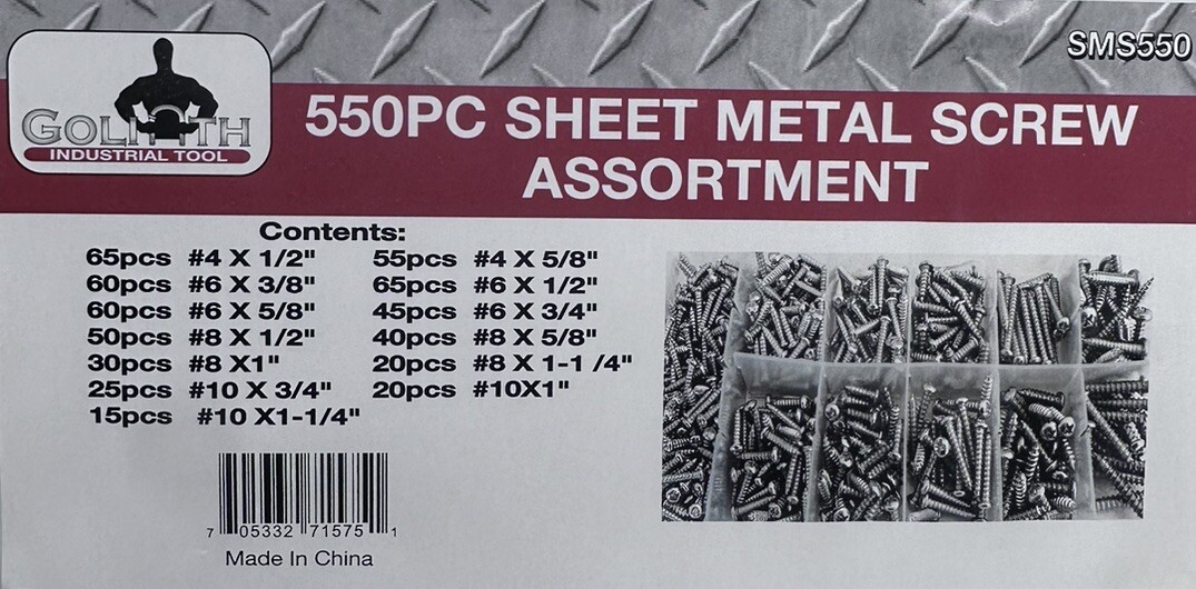 550pc Goliath Industrial Sheet Metal Screw Assortment Kit 13 sizes SMS550