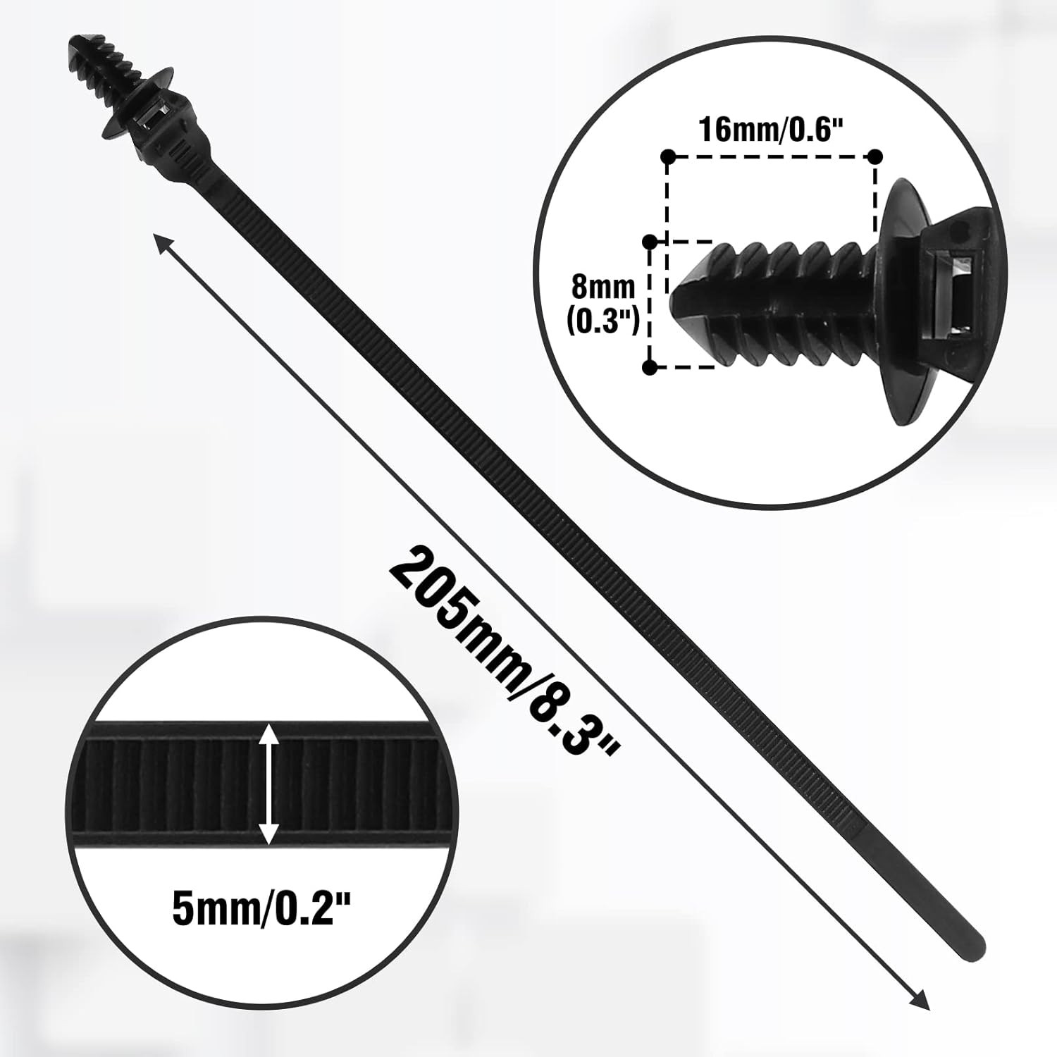 50 Pcs Black Nylon Push Mount Cable Zip Tie 205mm / 8.3 Inch Fir Tree Mount Cab