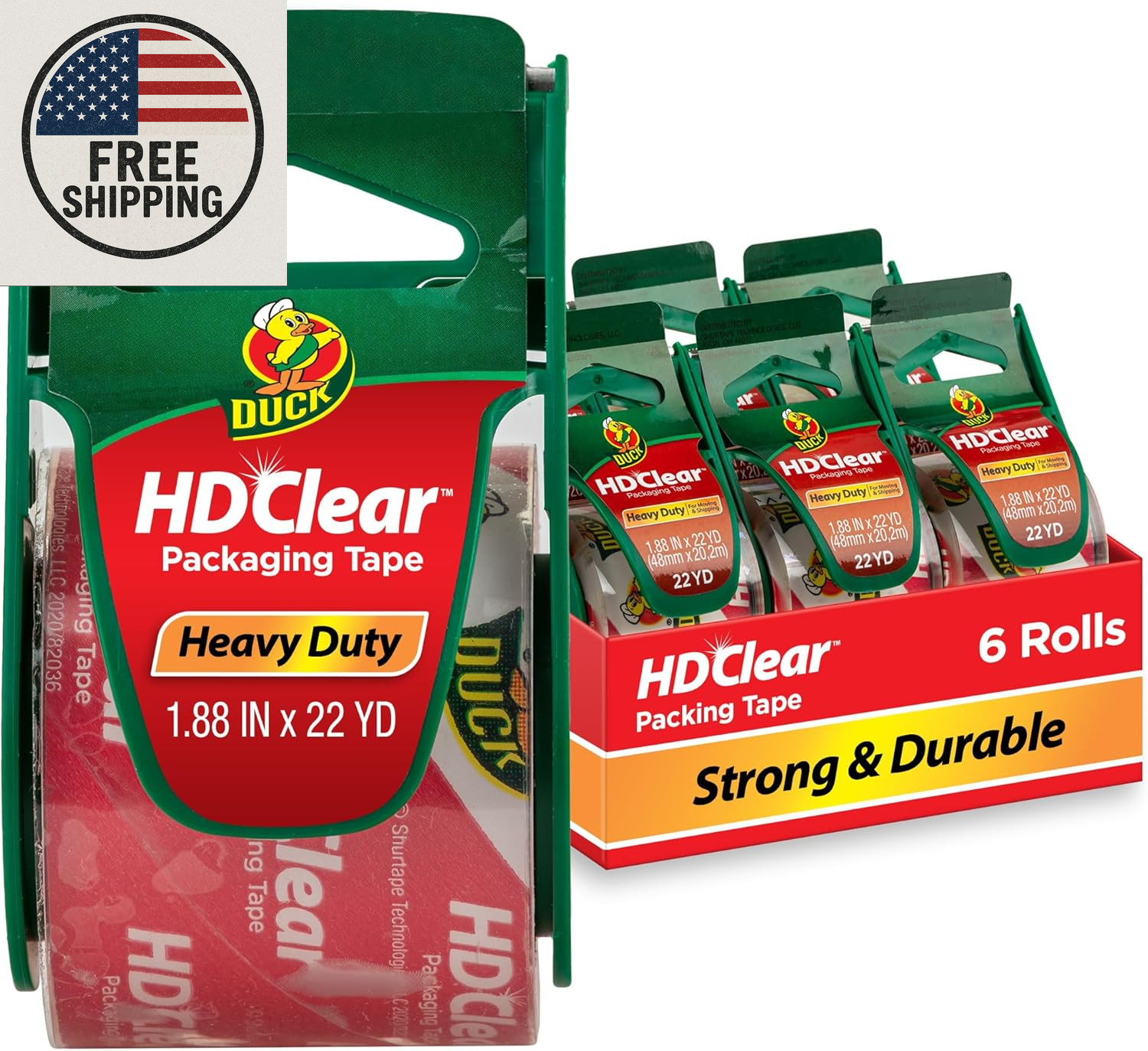 Duck HD Clear Packing Tape with Dispensers – 6 Rolls of Strong Heavy Duty Packin