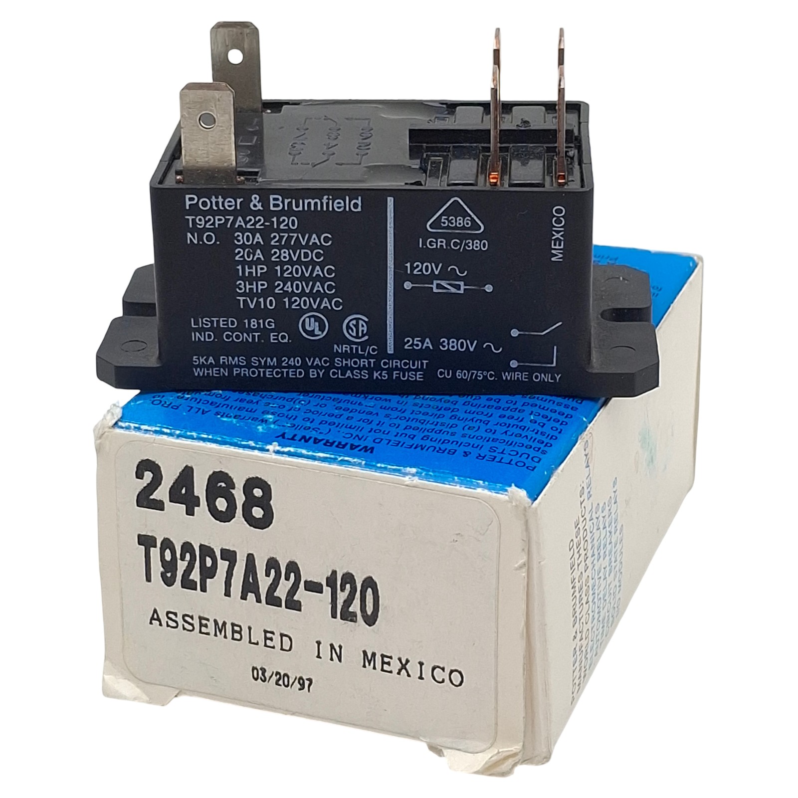 Potter & Brumfield T92P7A22-120 Power Relay, DPST-NO, 30A 277VAC, 120VAC Coil