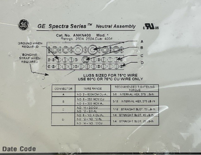 GENERAL ELECTRIC ANKN400 SPECTRA PANELBOARD NEUTRAL KIT 400A 347V MOD 1