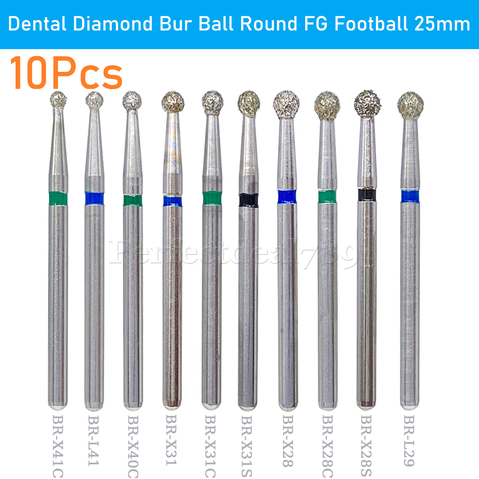 10Pc AZDENT Dental Diamond Burs Ball Round For High Speed Handpiece FG 1.6mm