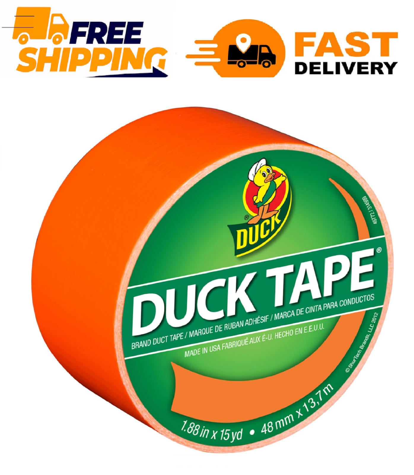 Duck Brand 1265019 Color Duct Tape, Neon Orange, 1.88 Inches x 15 Yards, Single