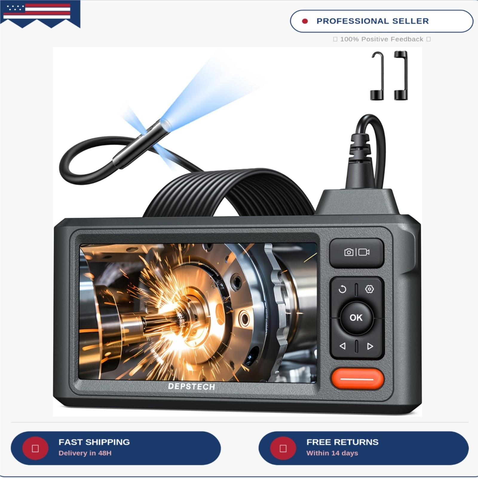 Triple Lens Inspection Endoscope Camera with Light, 5″ IPS Screen | 1920×1080P I