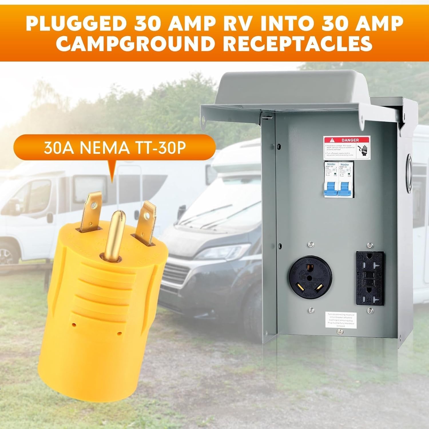 NEMA TT-30P to L5-30R 30 Amp Plug Adapter 3 Prong RV Plug with Locking Connec…