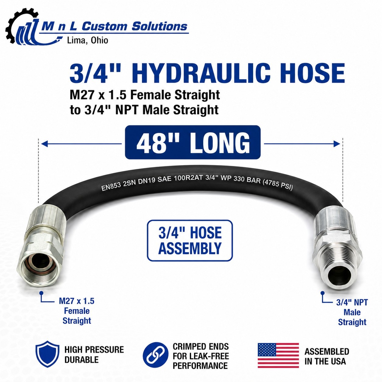 3/4″ x 48″ Hydraulic Hose Assembly – Female m27 Straight, 3/4 NPT Straight