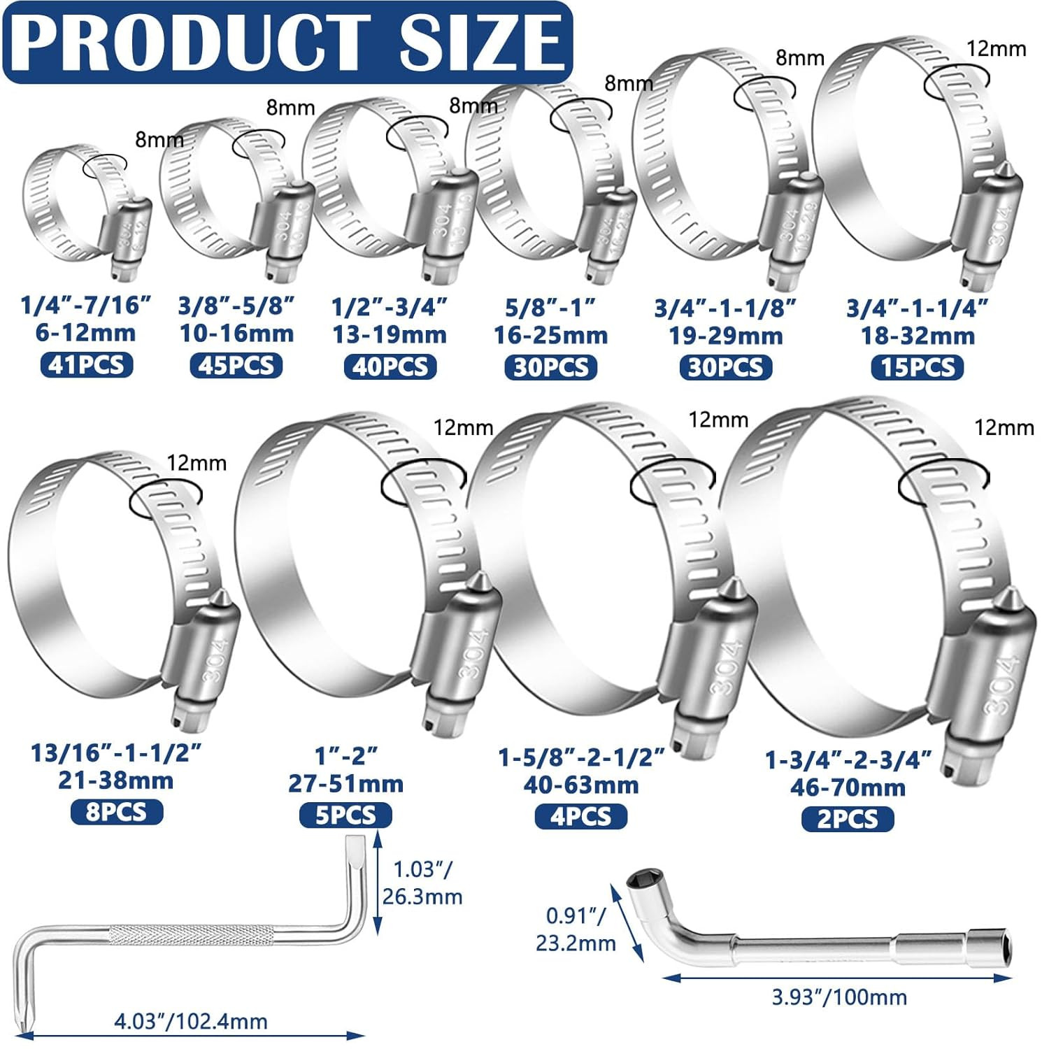 222PCS 304 Stainless Steel Hose Clamps Assortment Kit,Metal Adjustable 1/4″-2-3/