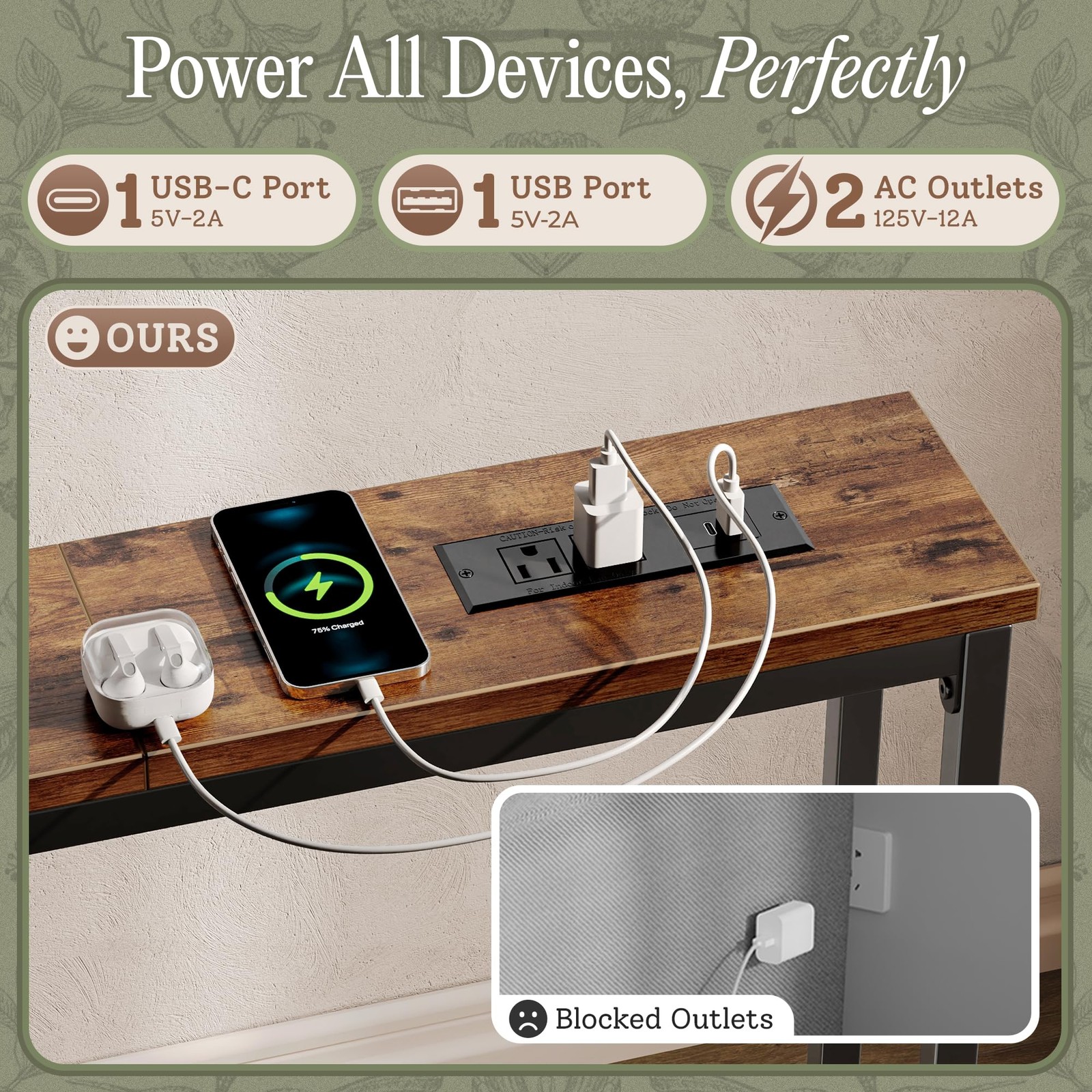Huuger 110.2 Inch Behind Couch Table with 2 Power «W, Rustic Brown