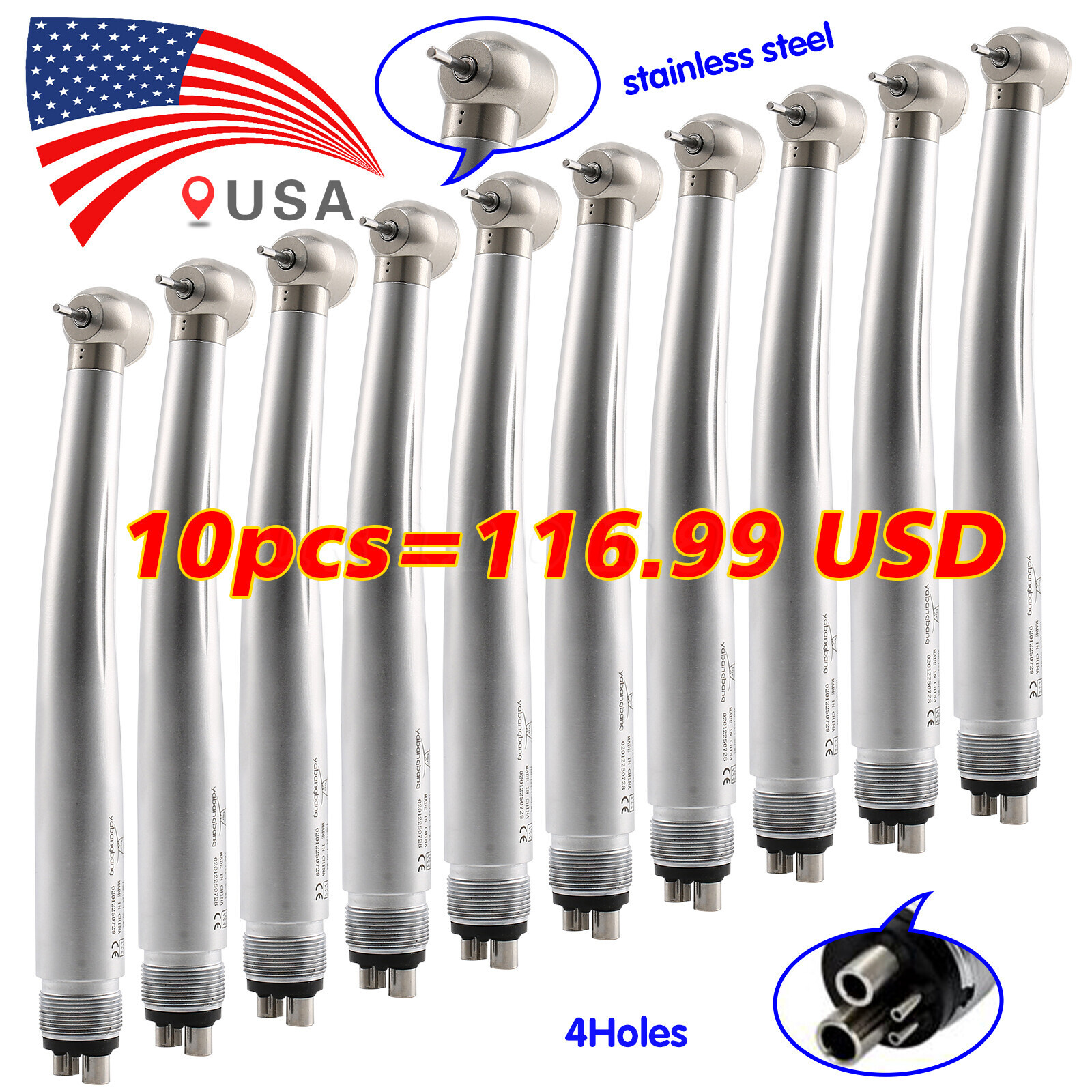 10 Pcs USA Dental High Speed Turbine Handpiece Push 4Hole Fit NSK PANA MAX YDA4