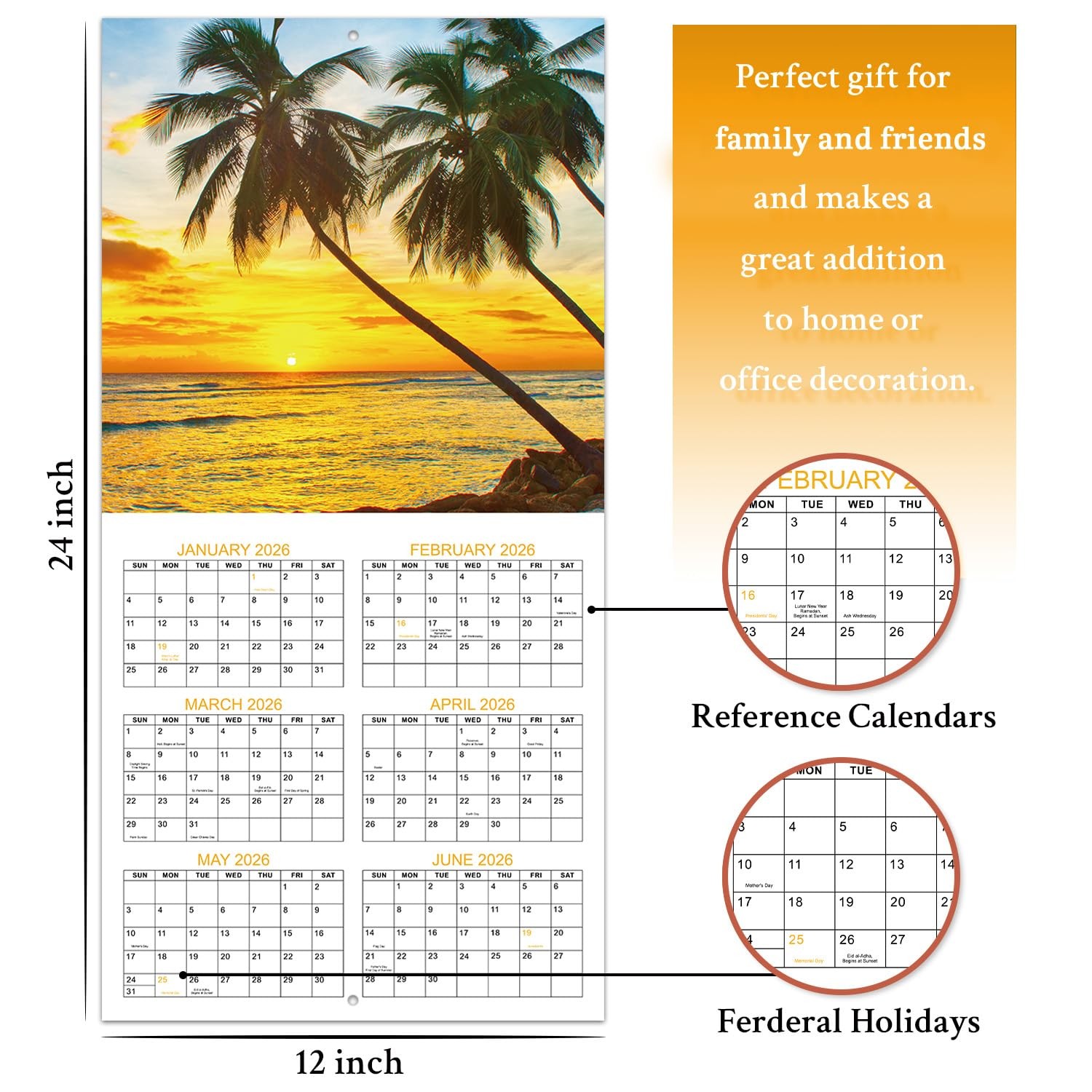 2026-2027 Wall Calendar BEACHES, 18 Months Hangable Calendars, green