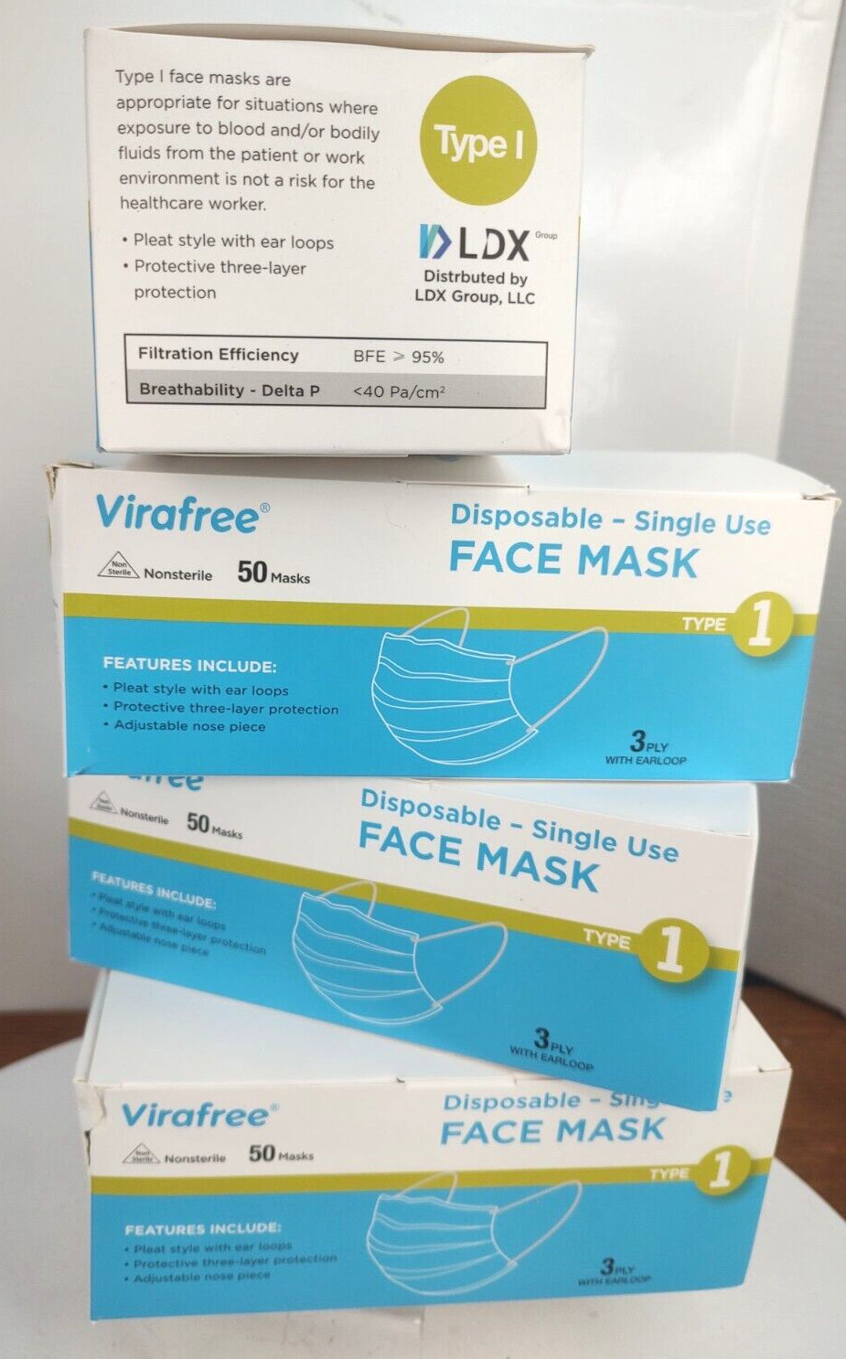 Virafree Disposable Single Use Face Masks 3 Ply 4 Boxes 50 Per 200 Total Pieces