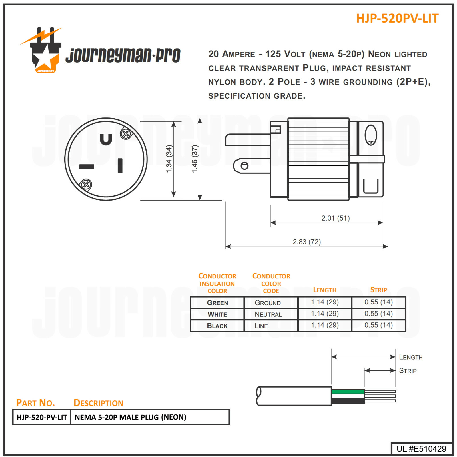 Lighted Male 520-PV-LIT Power Cord Repair 20 Amp 5-20P Straight Blade Plug 125V