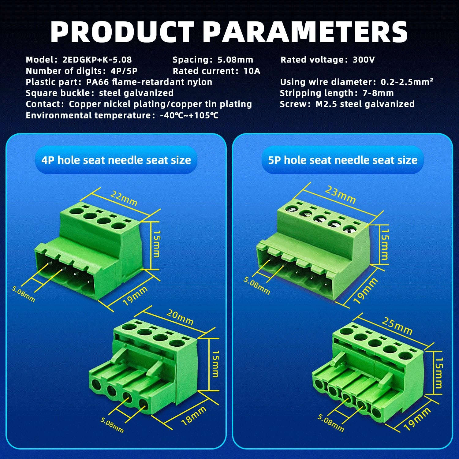 5.08mm Pitch PCB Mount Screw 2PIN 3PIN 4PIN 5PINSize: 28 Pairs 5.08mm Pitch PCB