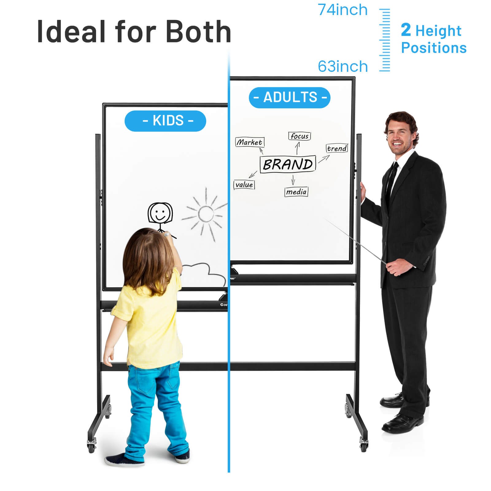 Costway Height Adjust 48″x36″ Mobile Magnetic Double-Sided Reversible Whiteboard