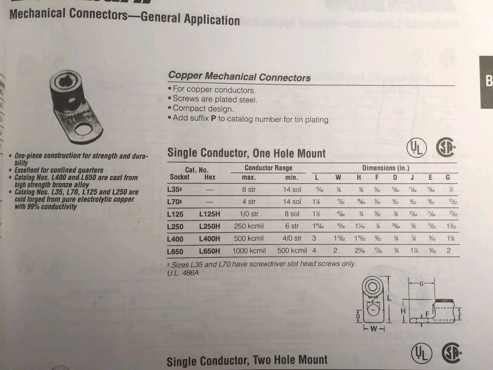 (8) T&B BKB L35 Mechanical Lug Terminal 8 AWG-14 Sol, Copper NOS