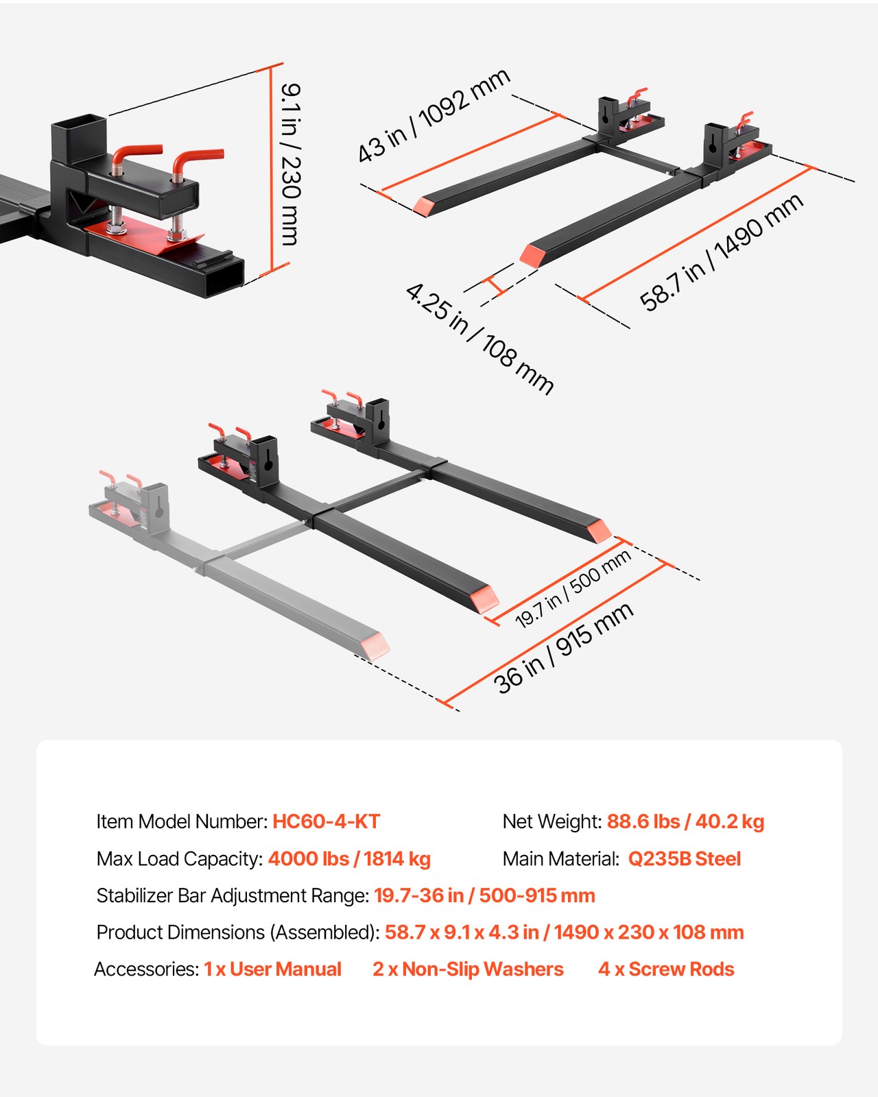 VEVOR 4000 lbs Clamp on Pallet Forks 60-Inch Tractor Forks with Stabilizer Bar