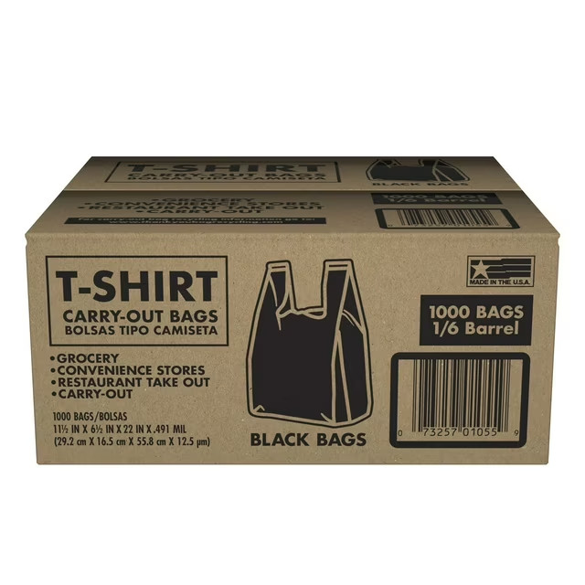 Black T-Shirt Carryout Bags, 11.5″ x 6.5″ x 22″ 1000 ct. Free Shipping