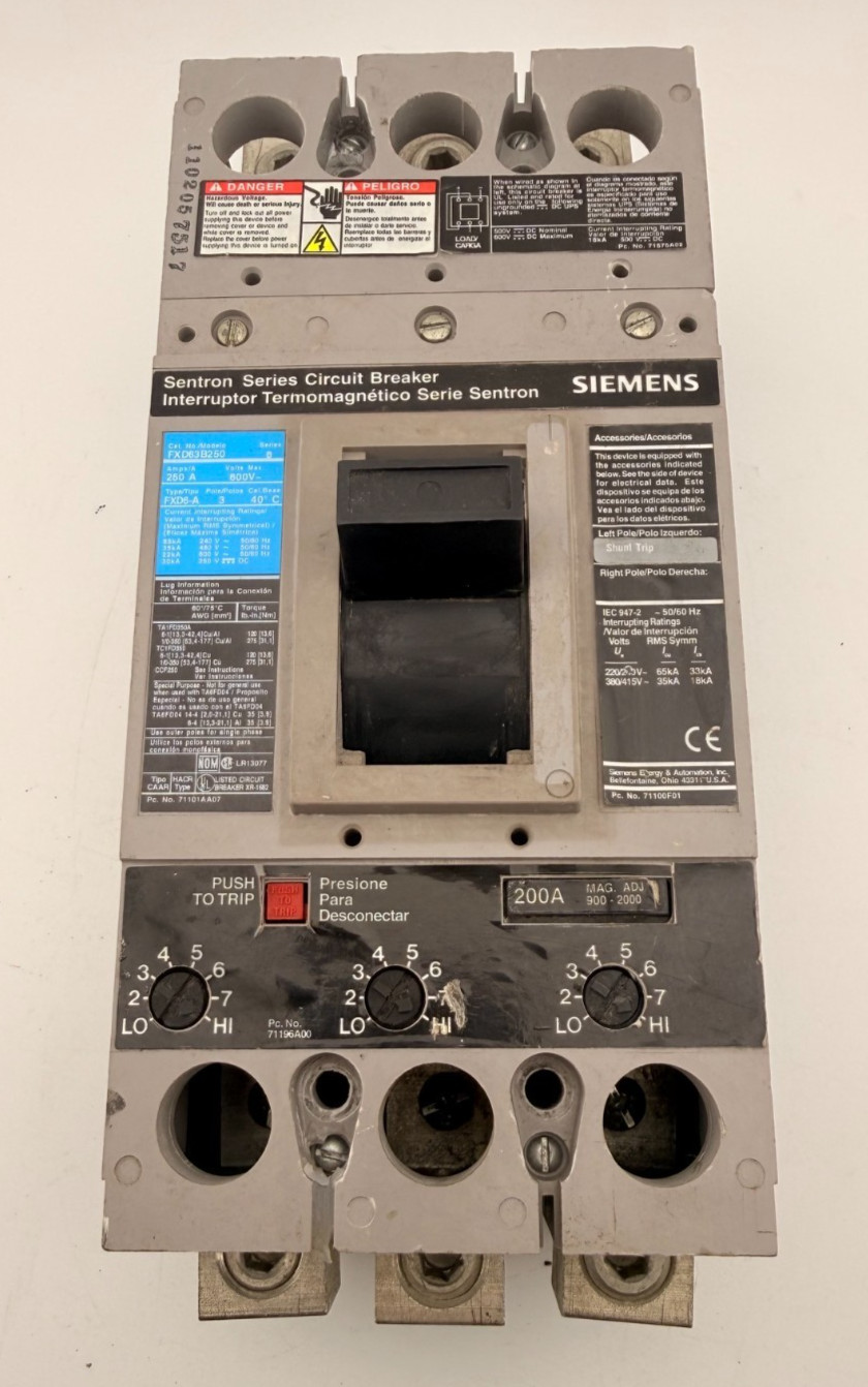 ITE Siemens FXD6 FXD63B250 3 Pole 200 Amp Trip 600V Circuit Breaker – Added Lugs
