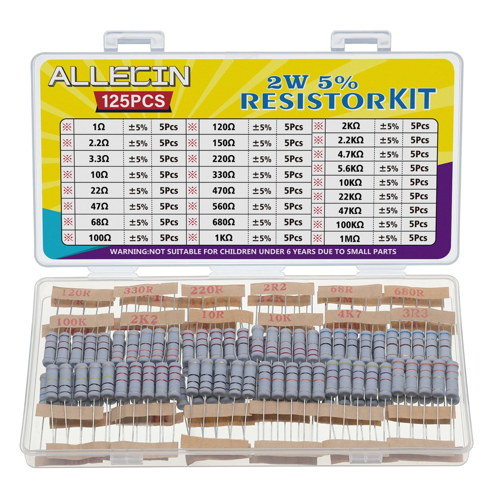 ALLECIN 25 Values 2W Carbon Film Resistor Kit from 1 Ohm to 1M Ohm 2 Watt 5% …