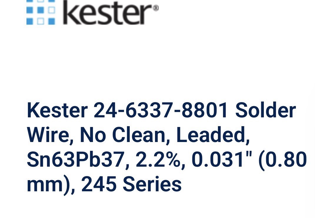 1-LB Kester 24-6337-8801 Solder Wire No Clean Leaded Sn63Pb37 2.2% .031”/0.8mm