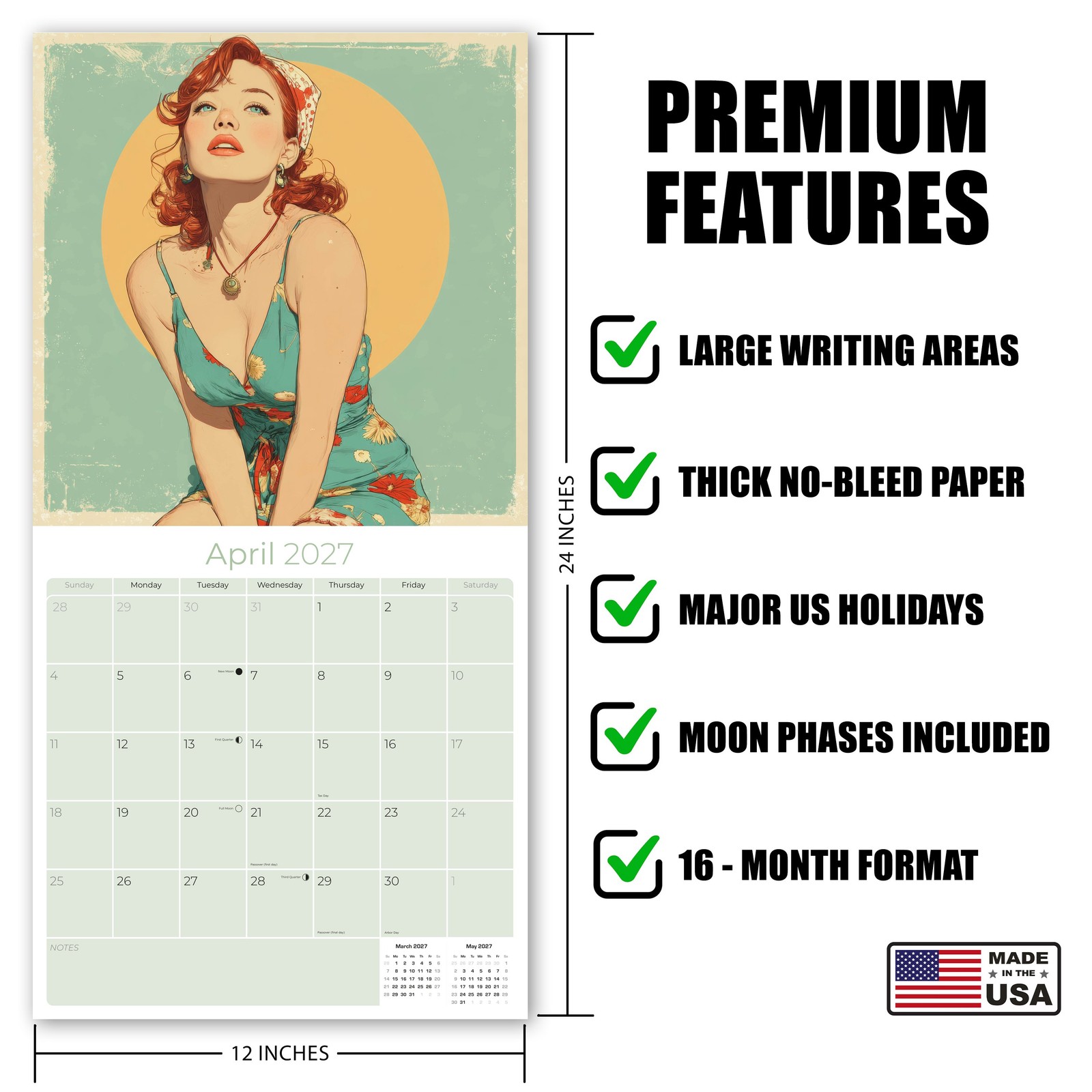 Classic Pin Up 2027 Wall Calendar with Bonus Months 12×12 Retro Art Gift Decor