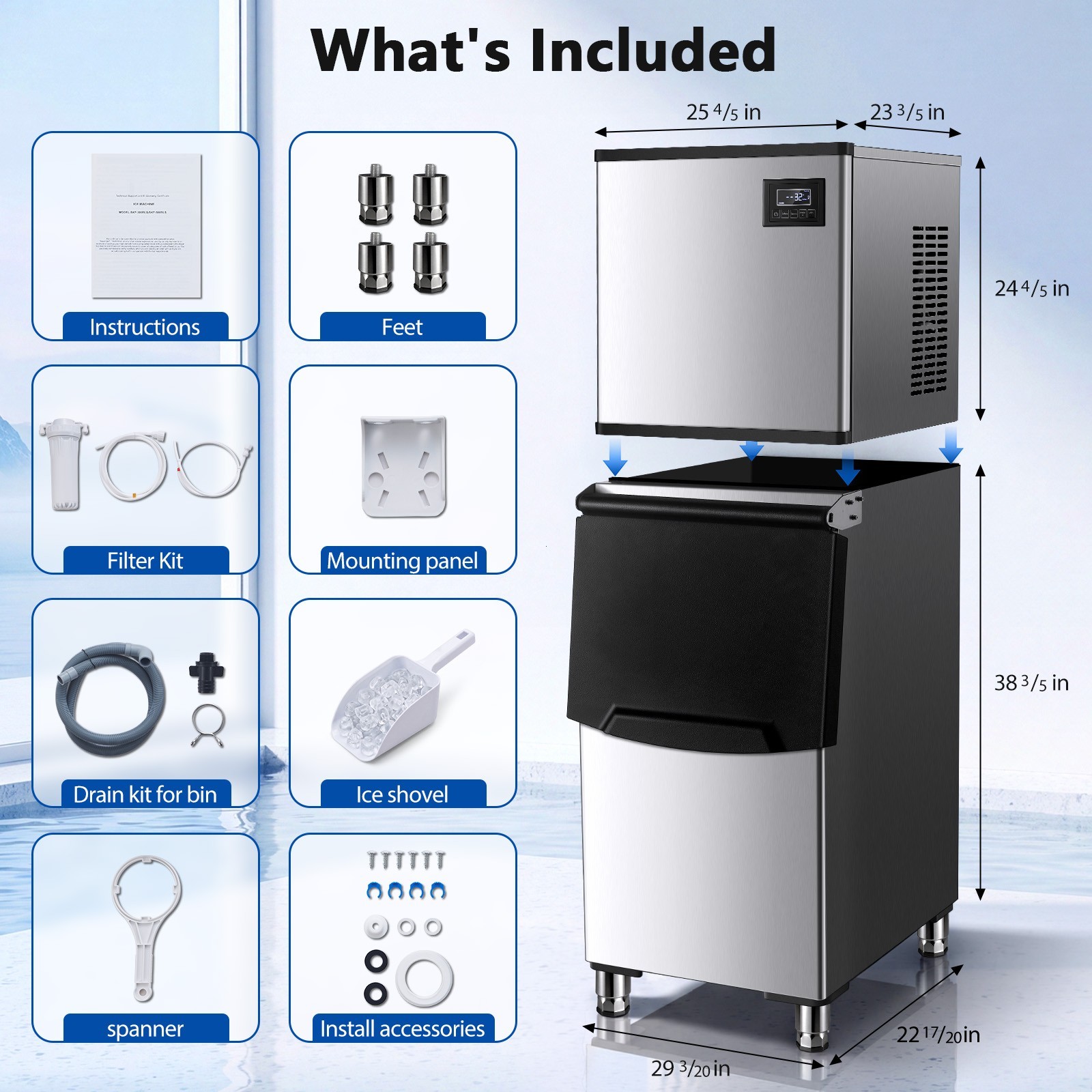 Zomagas Ice Maker 450lbs Daily 250lbs Storage Defrost Self Clean 156 Pcs Cycle