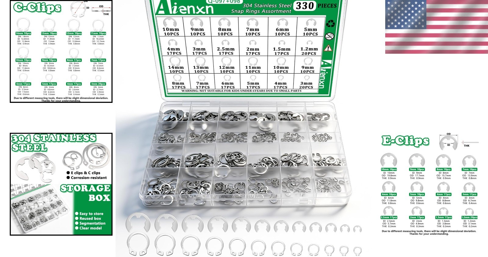 330PCS 24-Sizes Round Wire E-Clips & C-Clips Internal Snap Rings Assortment K…
